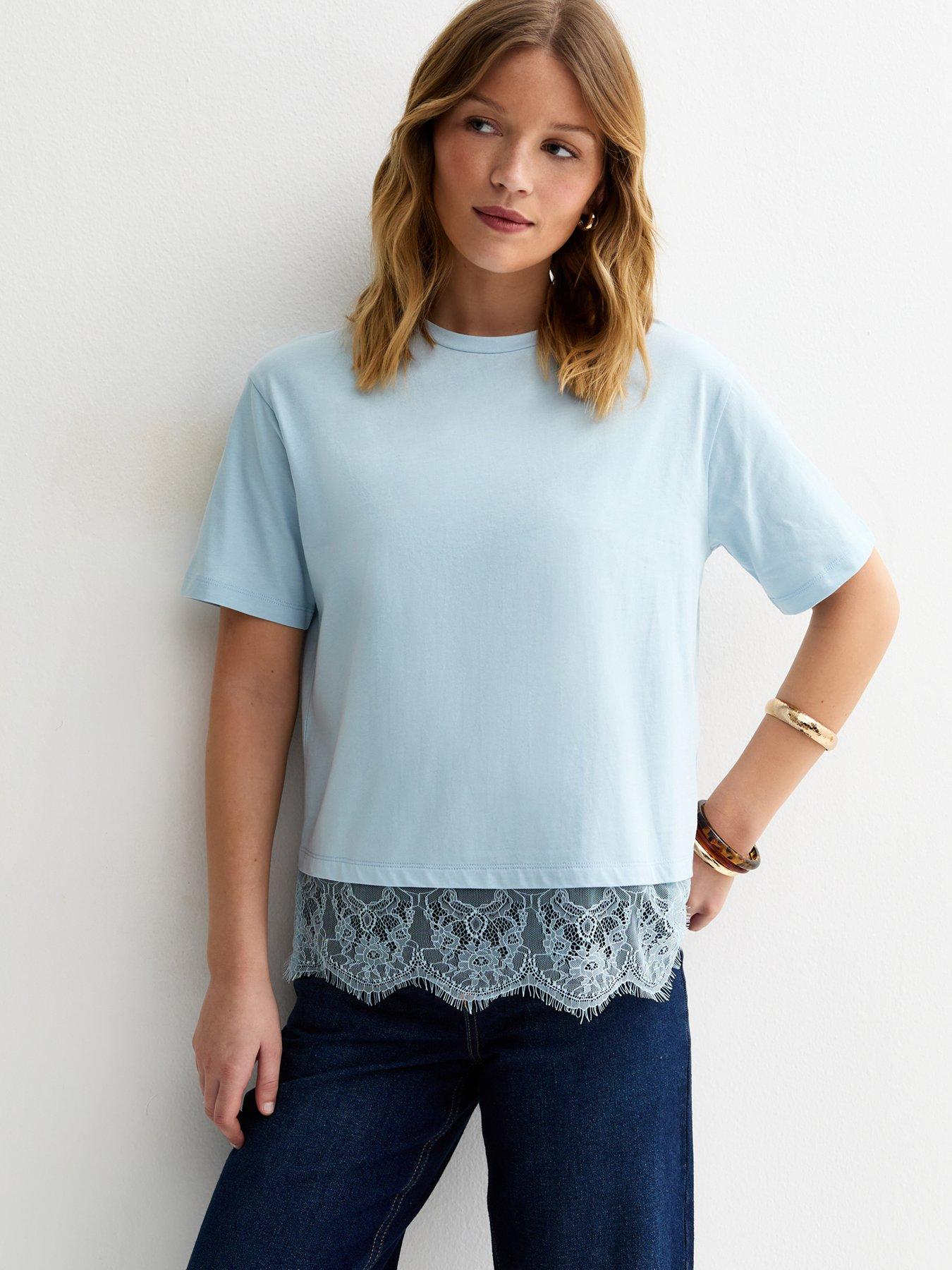Image 1 of 5 of New Look Lace Hem Boxy T-Shirt - Light Blue