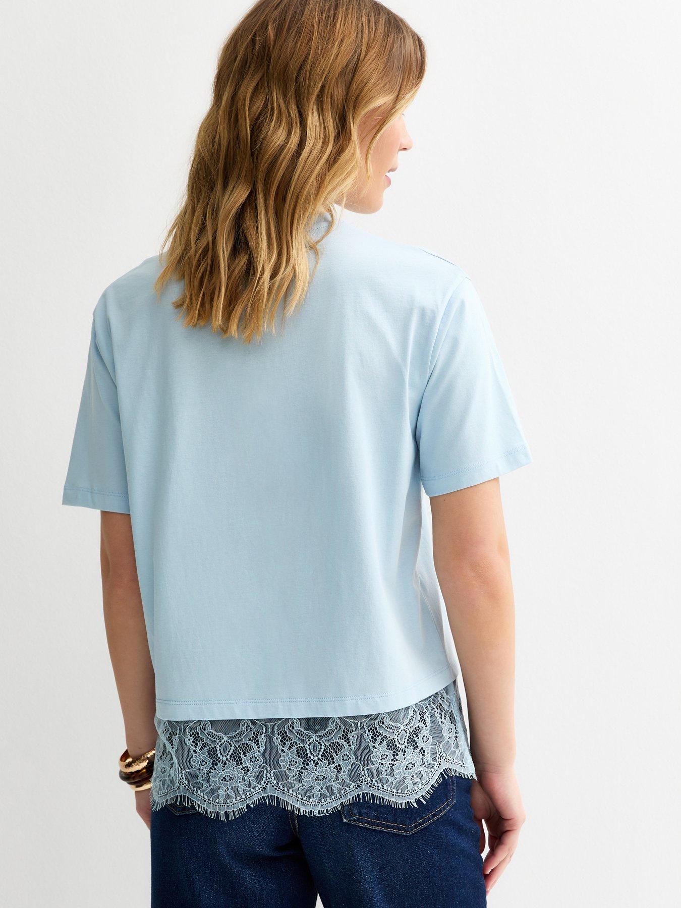 Image 2 of 5 of New Look Lace Hem Boxy T-Shirt - Light Blue