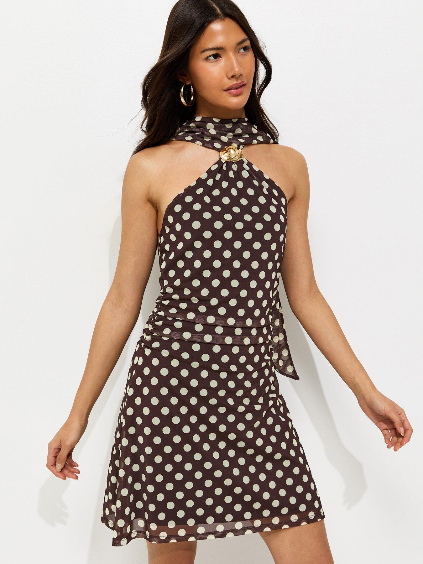 New Look Polka Dot Halter Neck Mesh Mini Dress - Brown
