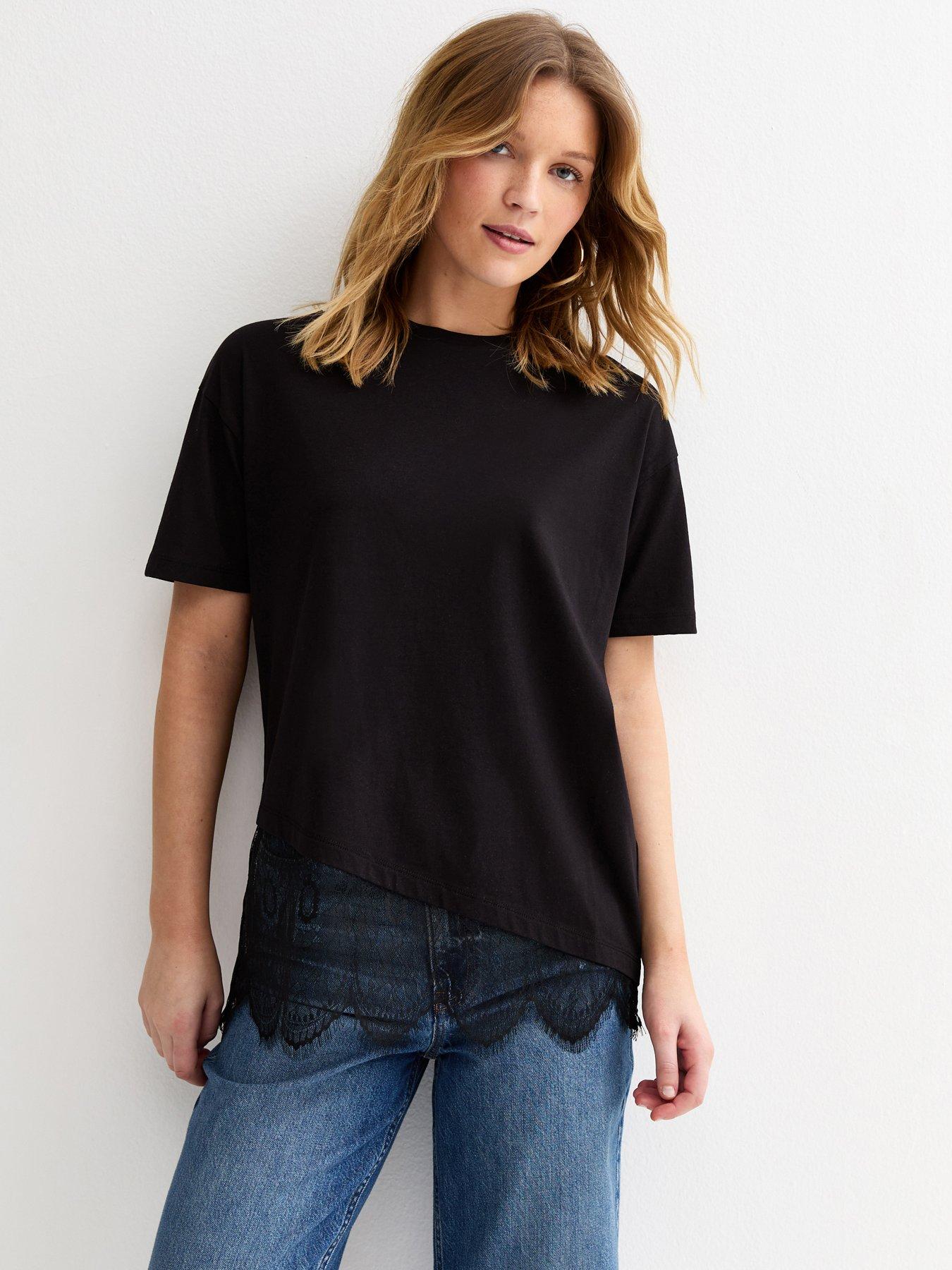 New Look Cotton Scalloped Lace T-Shirt - Black