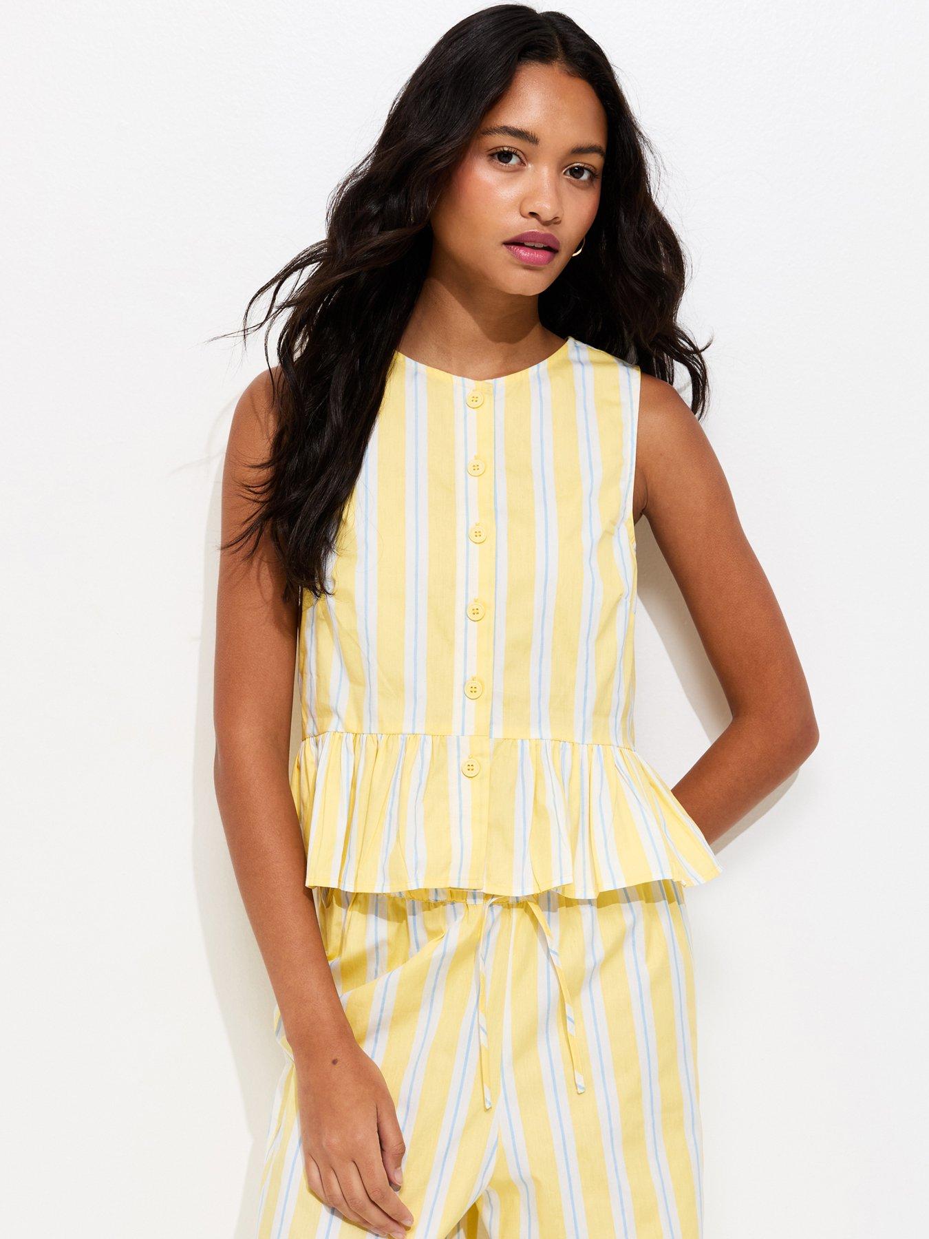 New Look Striped Peplum Hem Button Front Top - Light Yellow