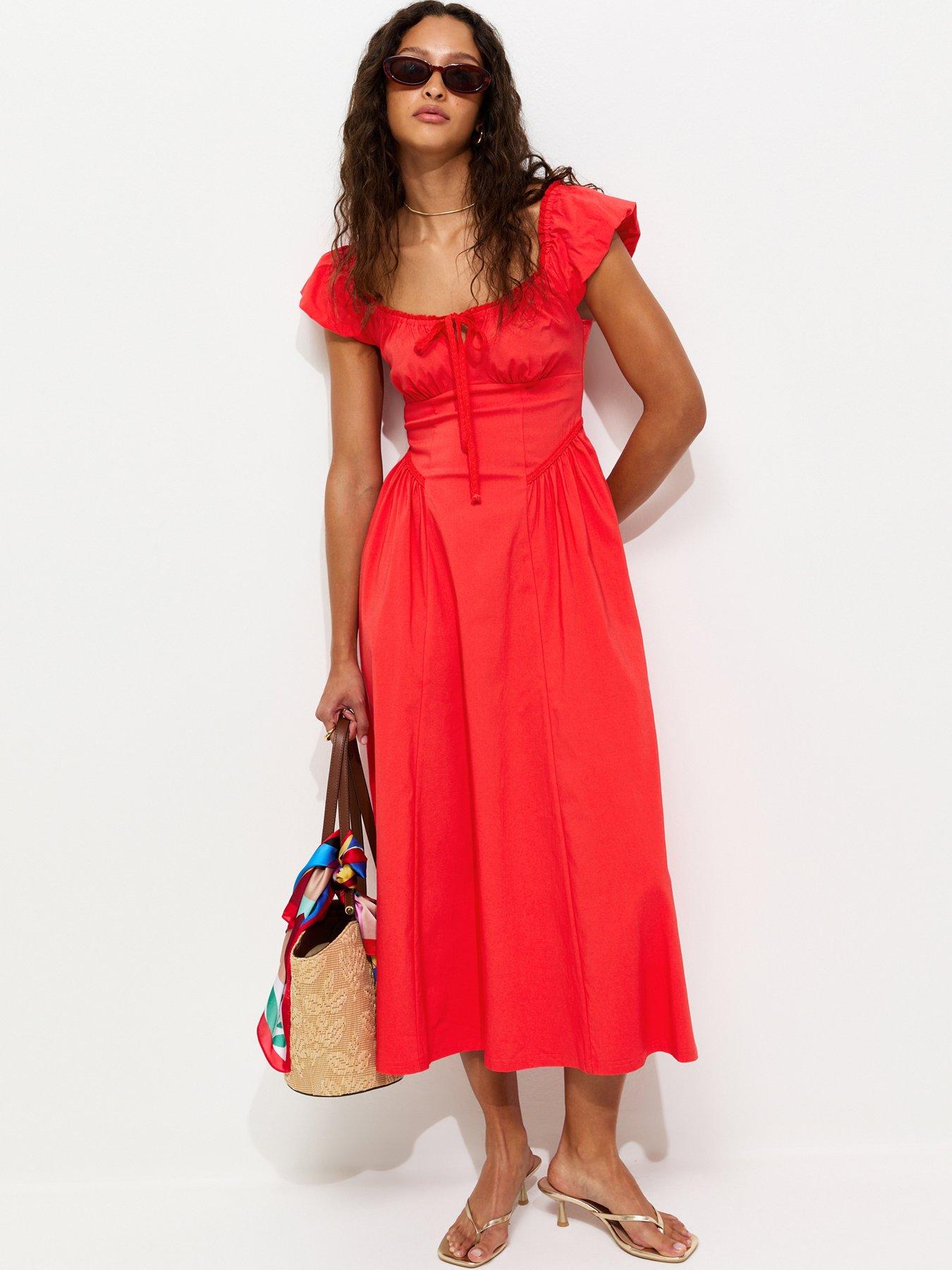 Image 1 of 5 of New Look Lace Trim Milkmaid Midi Dress - Dark Coral