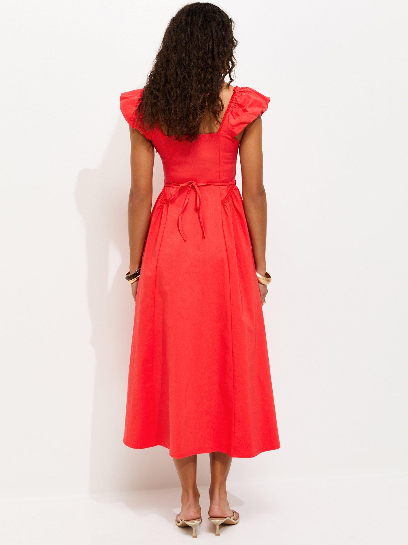 Image 2 of 5 of New Look Lace Trim Milkmaid Midi Dress - Dark Coral