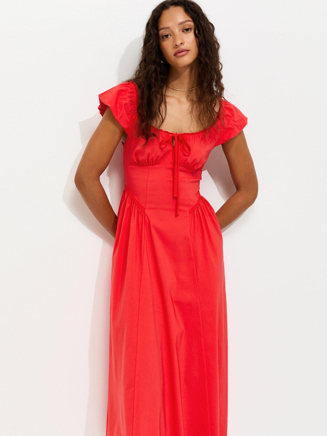 Image 3 of 5 of New Look Lace Trim Milkmaid Midi Dress - Dark Coral