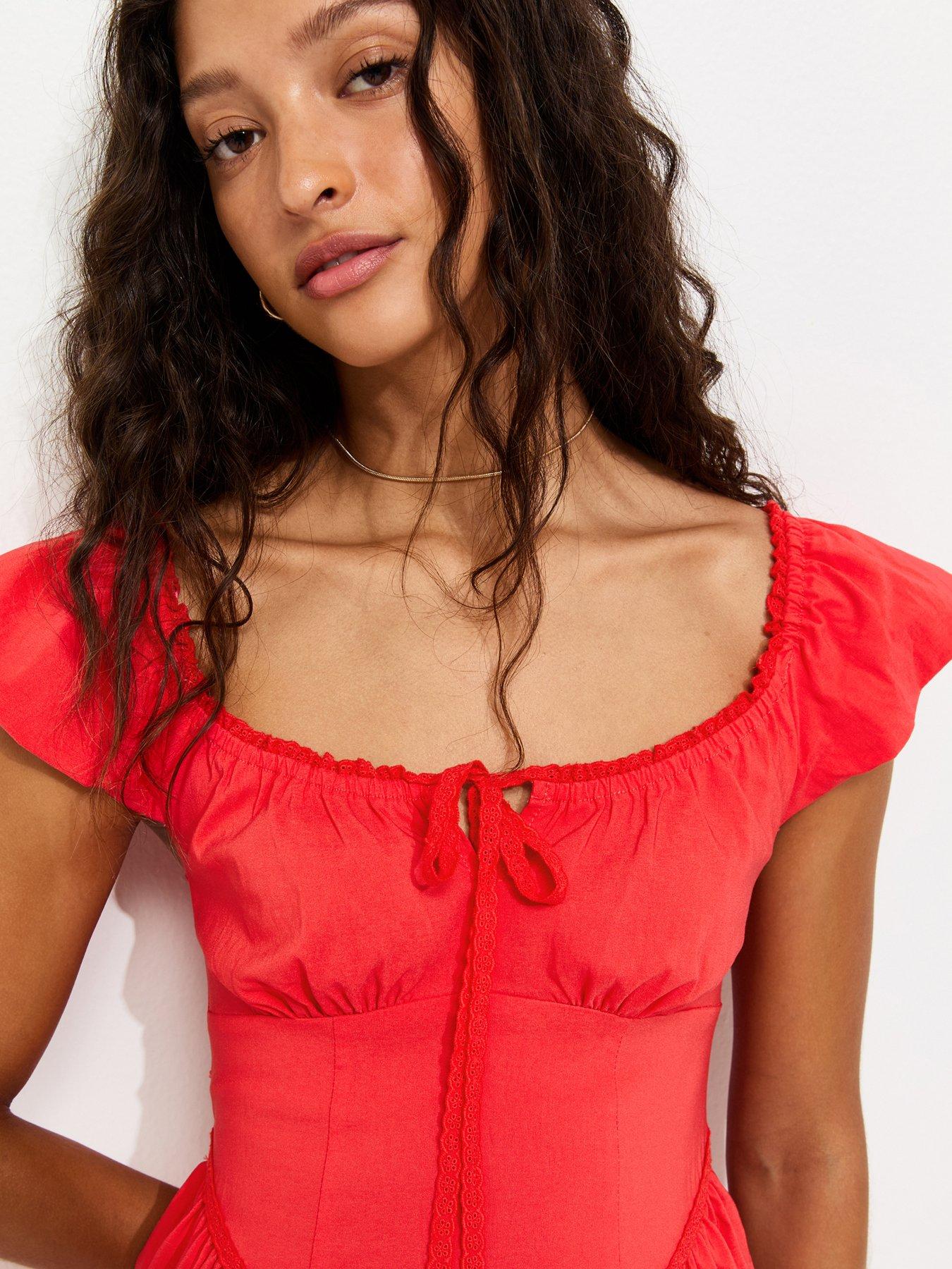 Image 4 of 5 of New Look Lace Trim Milkmaid Midi Dress - Dark Coral