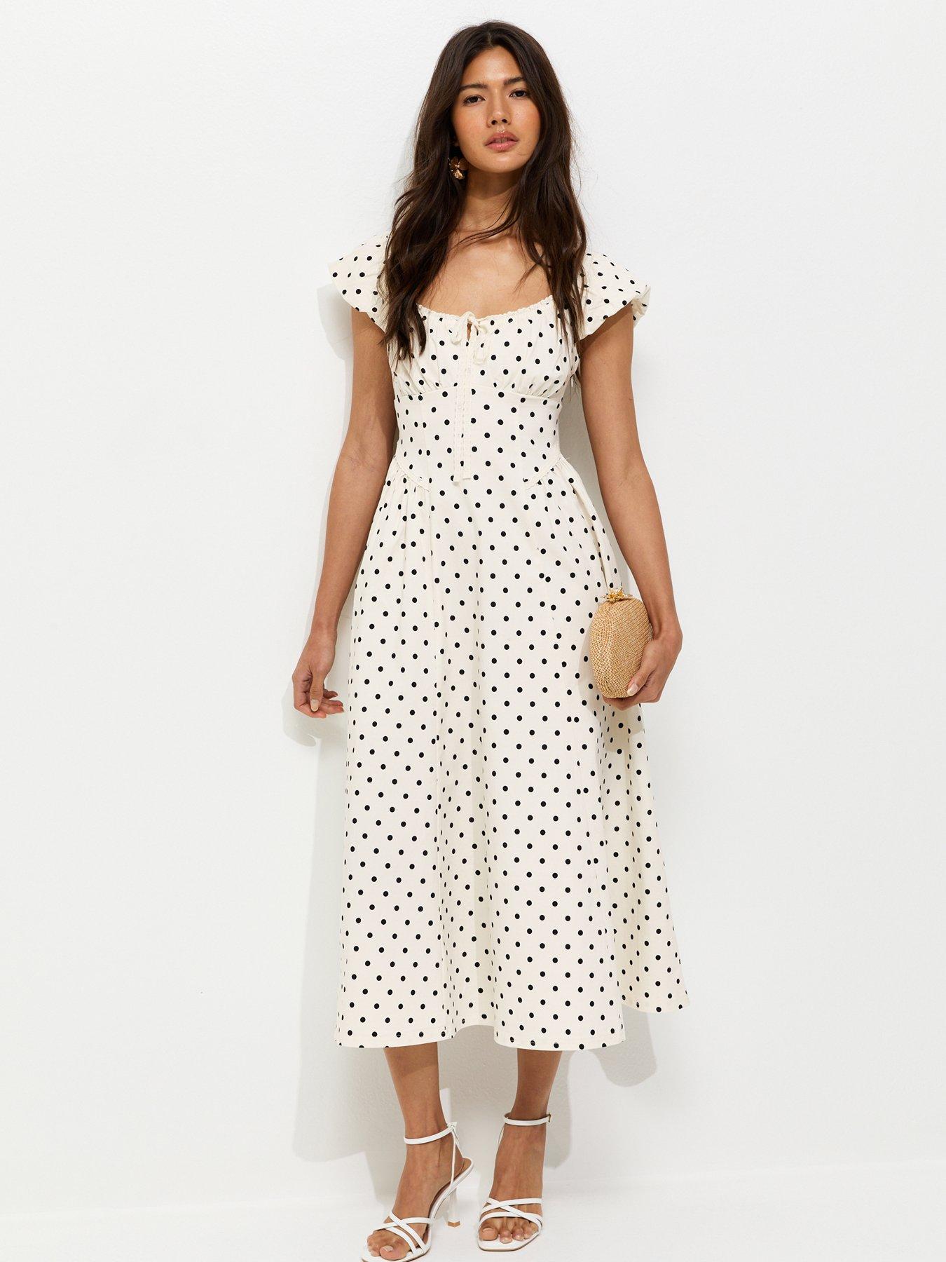 cream dress with black polka dots Dotted Affair Beige Tulle Polka Dot Midi Dress main image 1