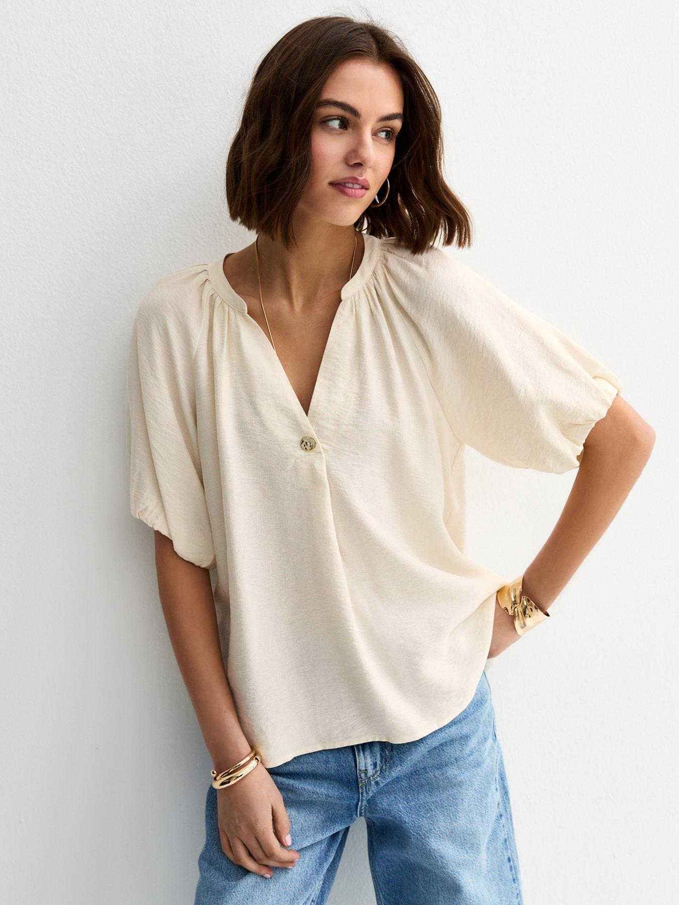New Look Puff Sleeve V-Neck Blouse - Off White