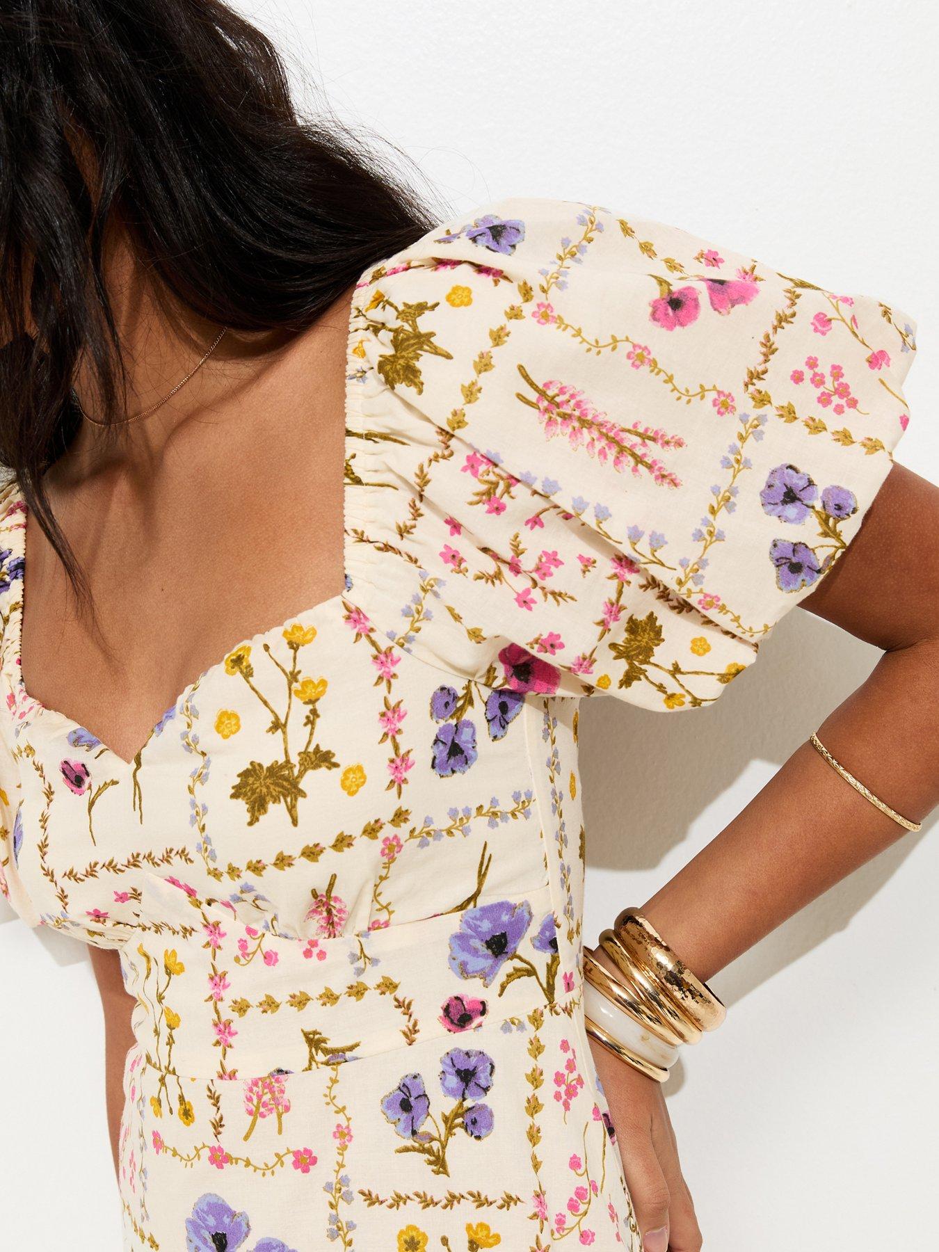Image 4 of 5 of New Look Botanical Print Milkmaid Mini Dress - Cream