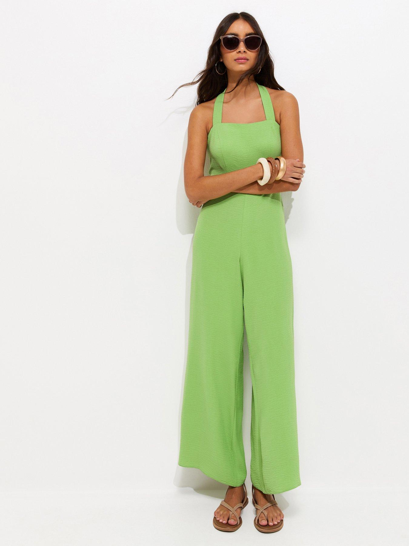 Image 1 of 5 of New Look Square Neck Halter Strap Jumpsuit - Bright Green