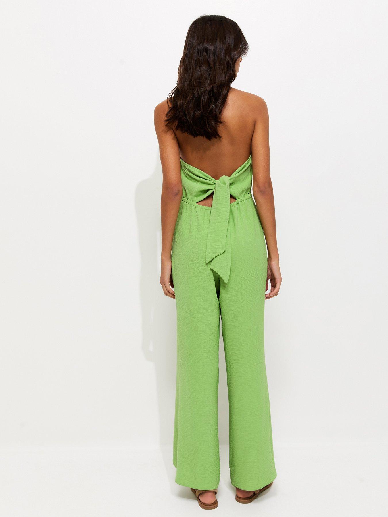 Image 2 of 5 of New Look Square Neck Halter Strap Jumpsuit - Bright Green