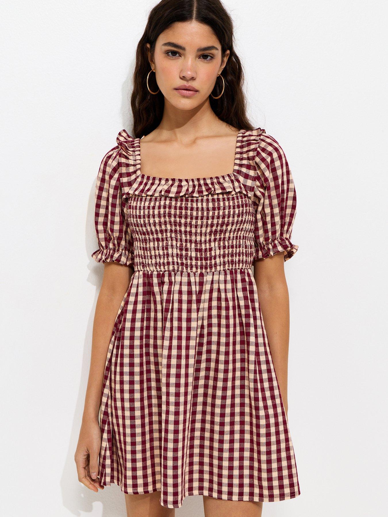 New Look Gingham Short Sleeve Shirred Frill Mini Dress - Dark Pink | Very