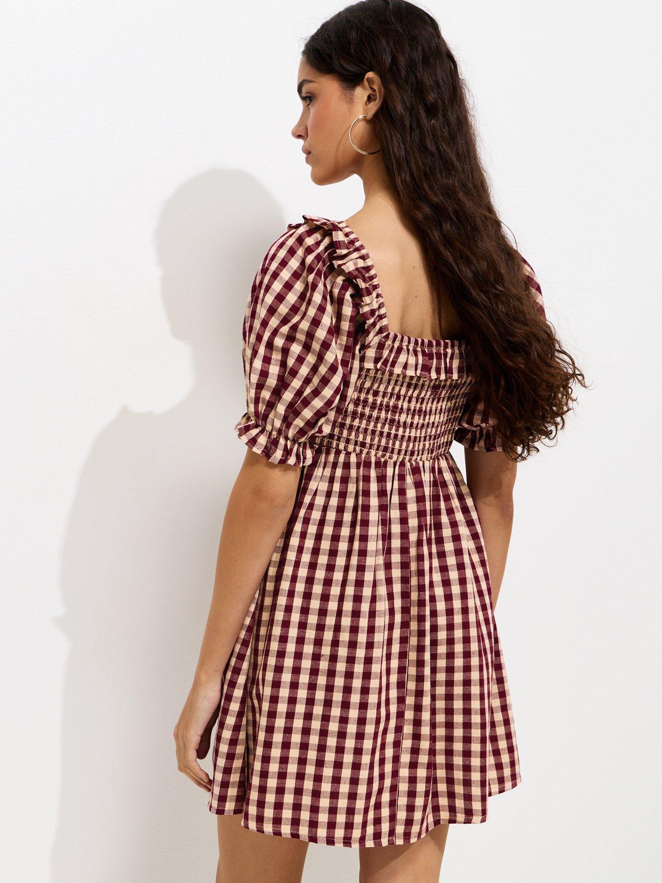 New Look Gingham Short Sleeve Shirred Frill Mini Dress - Dark Pink | Very