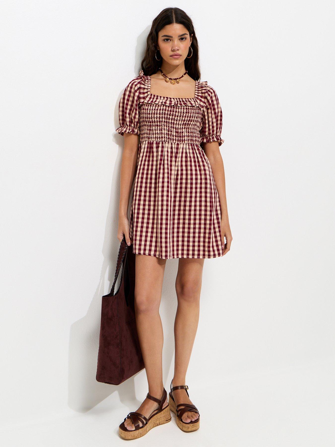 New Look Gingham Short Sleeve Shirred Frill Mini Dress - Dark Pink | Very
