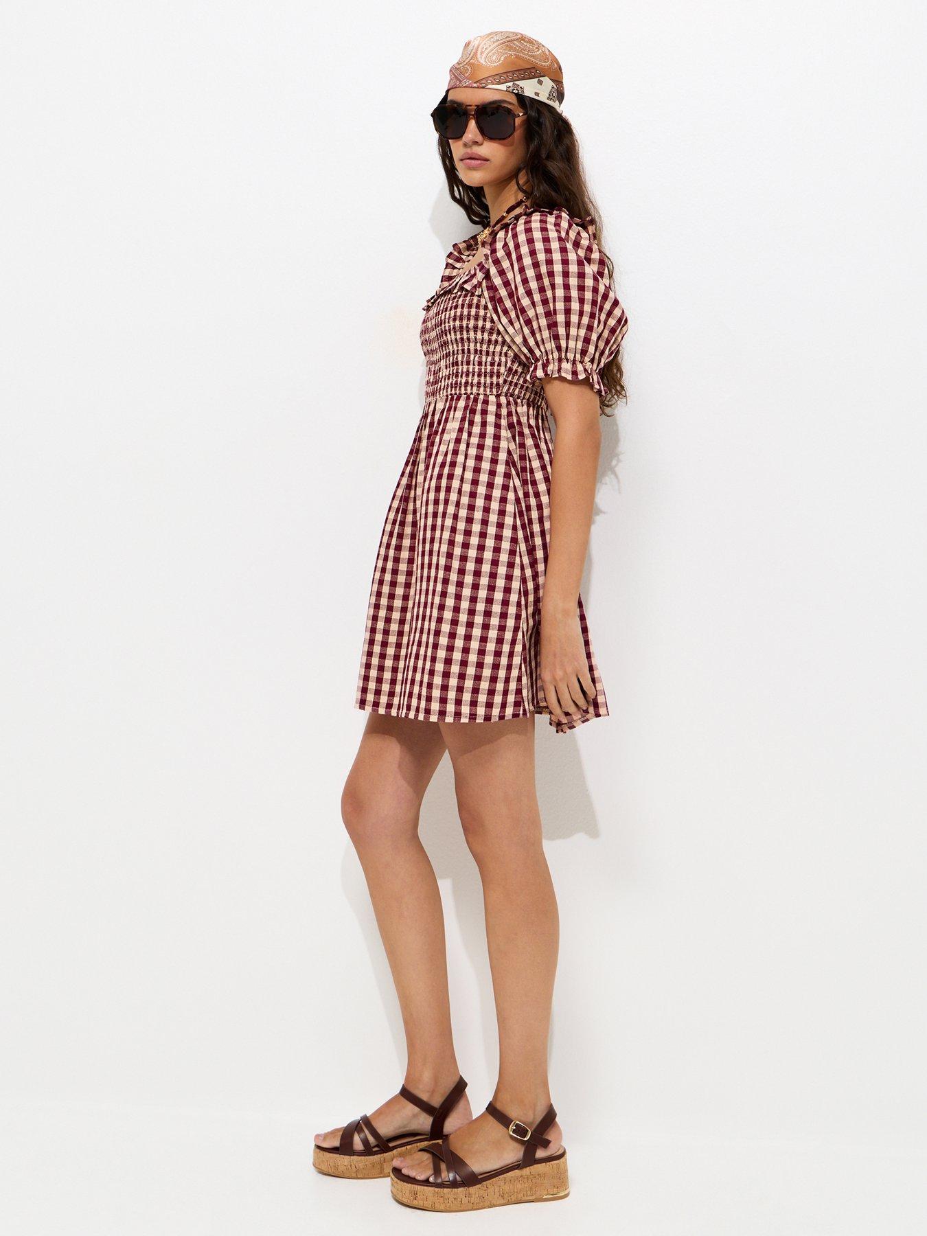 New Look Gingham Short Sleeve Shirred Frill Mini Dress - Dark Pink | Very