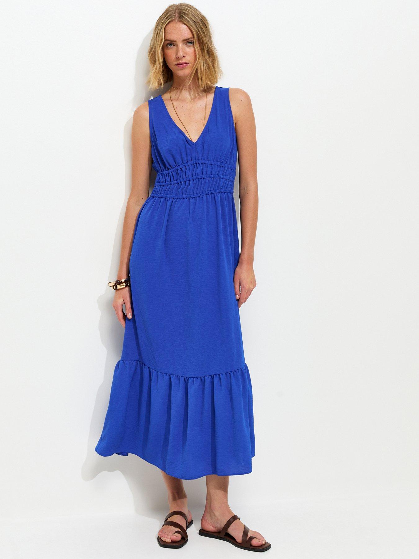 New Look Ruched Waist V-Neck Midi Dress - Blue
