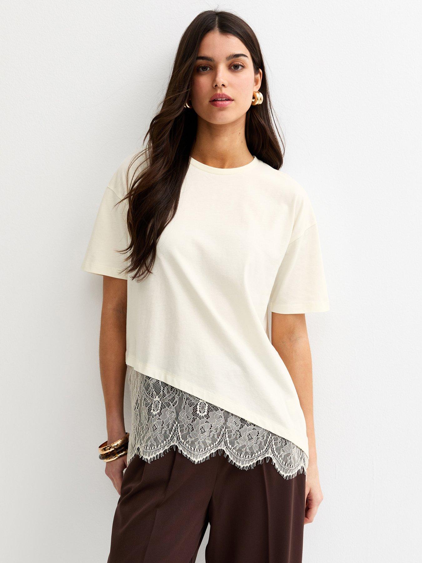 New Look Cotton Scalloped Lace T-Shirt - Off White