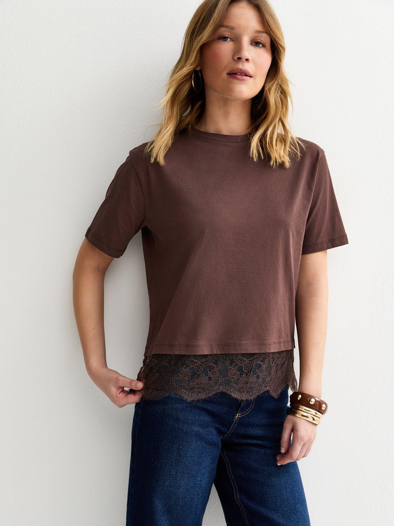 New Look Brown Lace Hem Boxy T-shirt