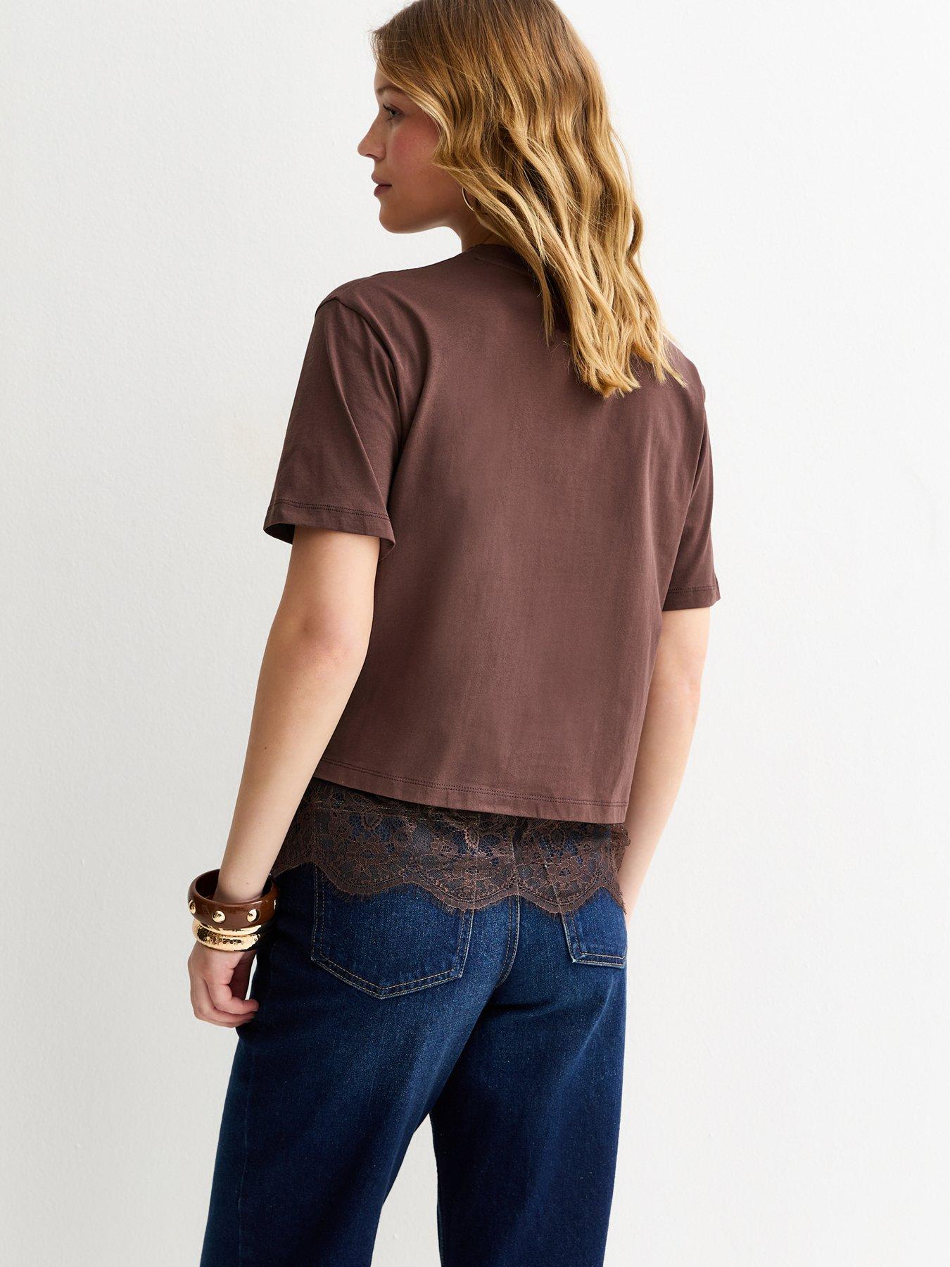 Image 2 of 5 of New Look Lace Hem Boxy T-Shirt - Brown