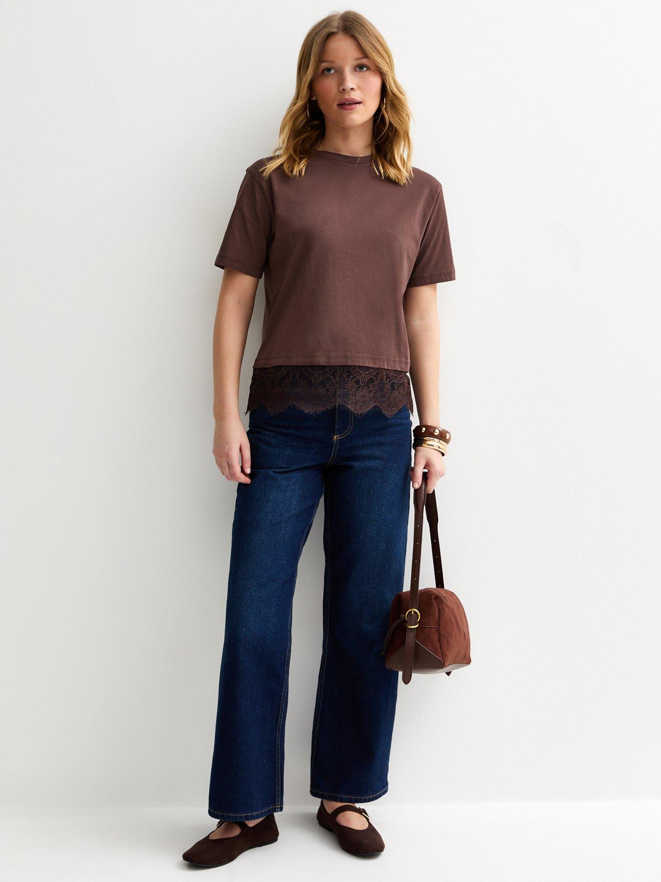 Image 3 of 5 of New Look Lace Hem Boxy T-Shirt - Brown