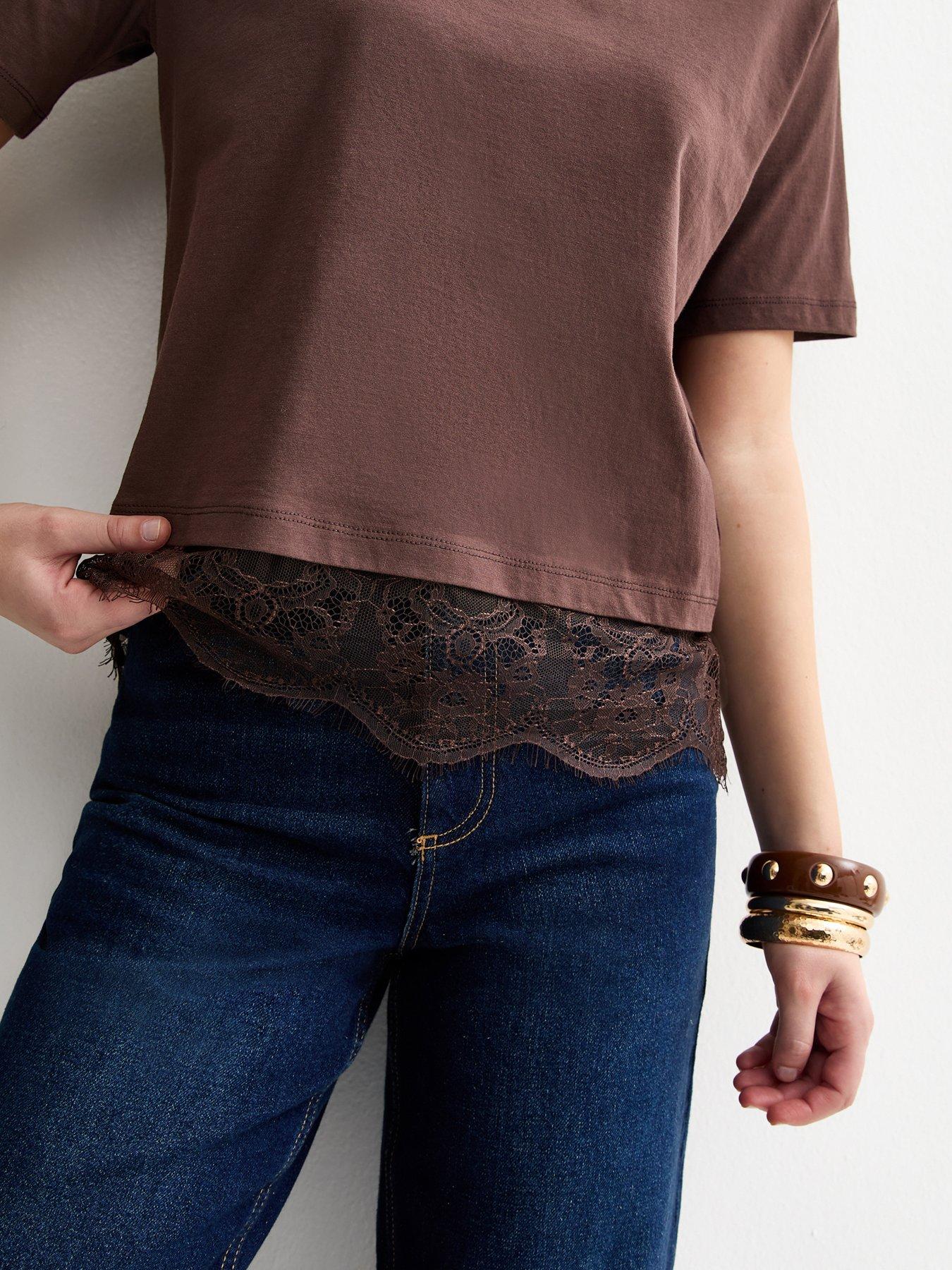 Image 4 of 5 of New Look Lace Hem Boxy T-Shirt - Brown
