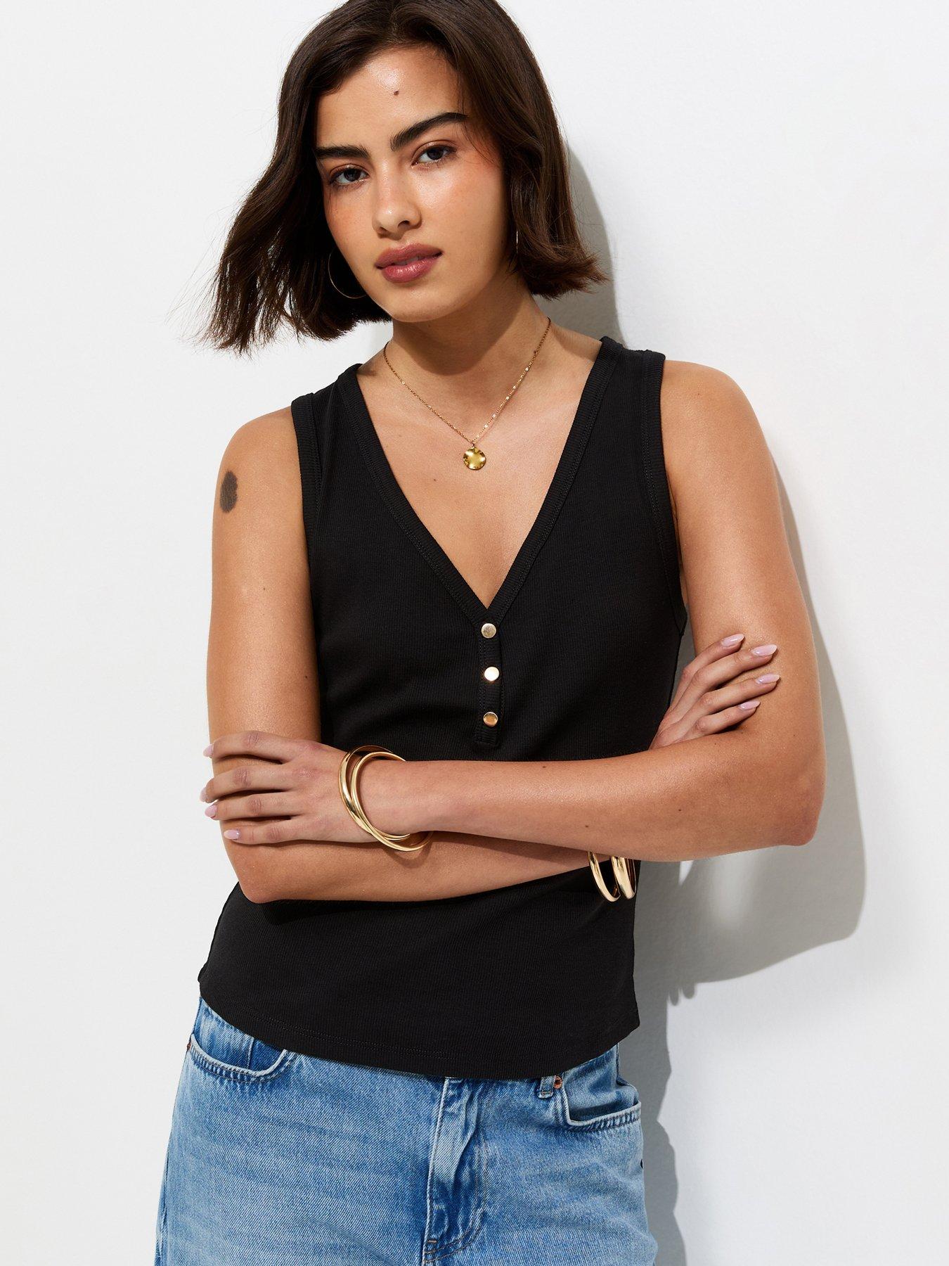 New Look Cotton Rich Gold Tone Button Henley Vest Top - Black