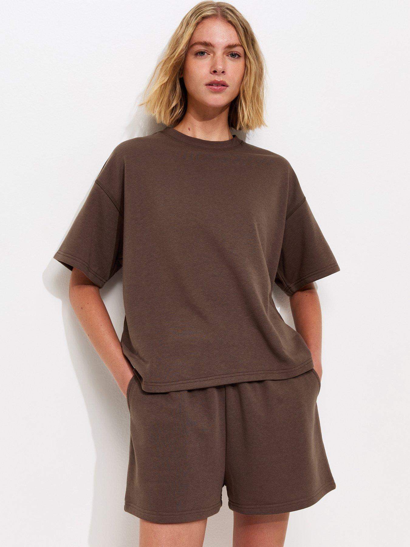 Image 1 of 5 of New Look Dark Brown Jersey Jogger Co-ord Shorts