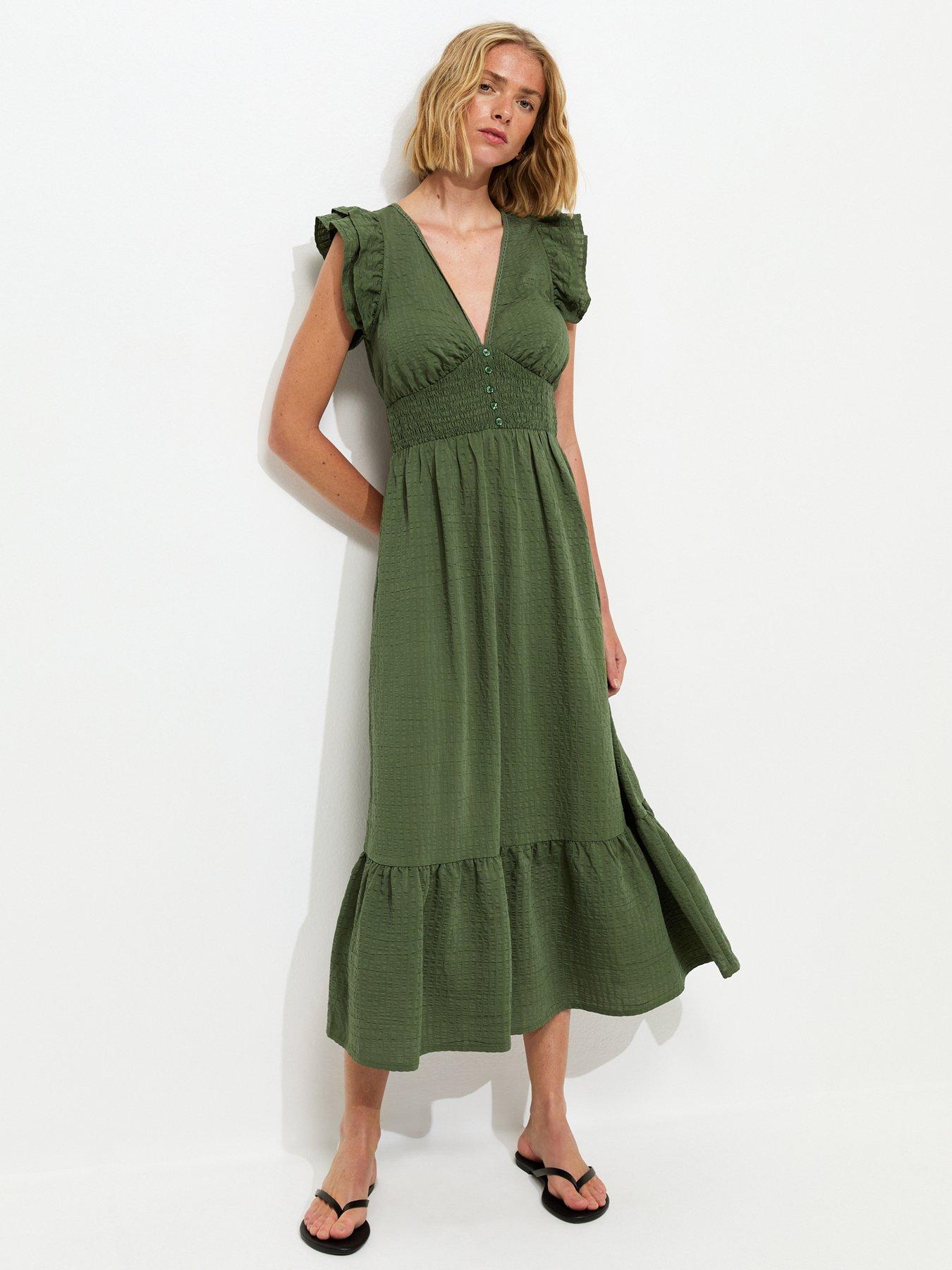New Look Green Ruffled Cap Sleeve Midi Dress