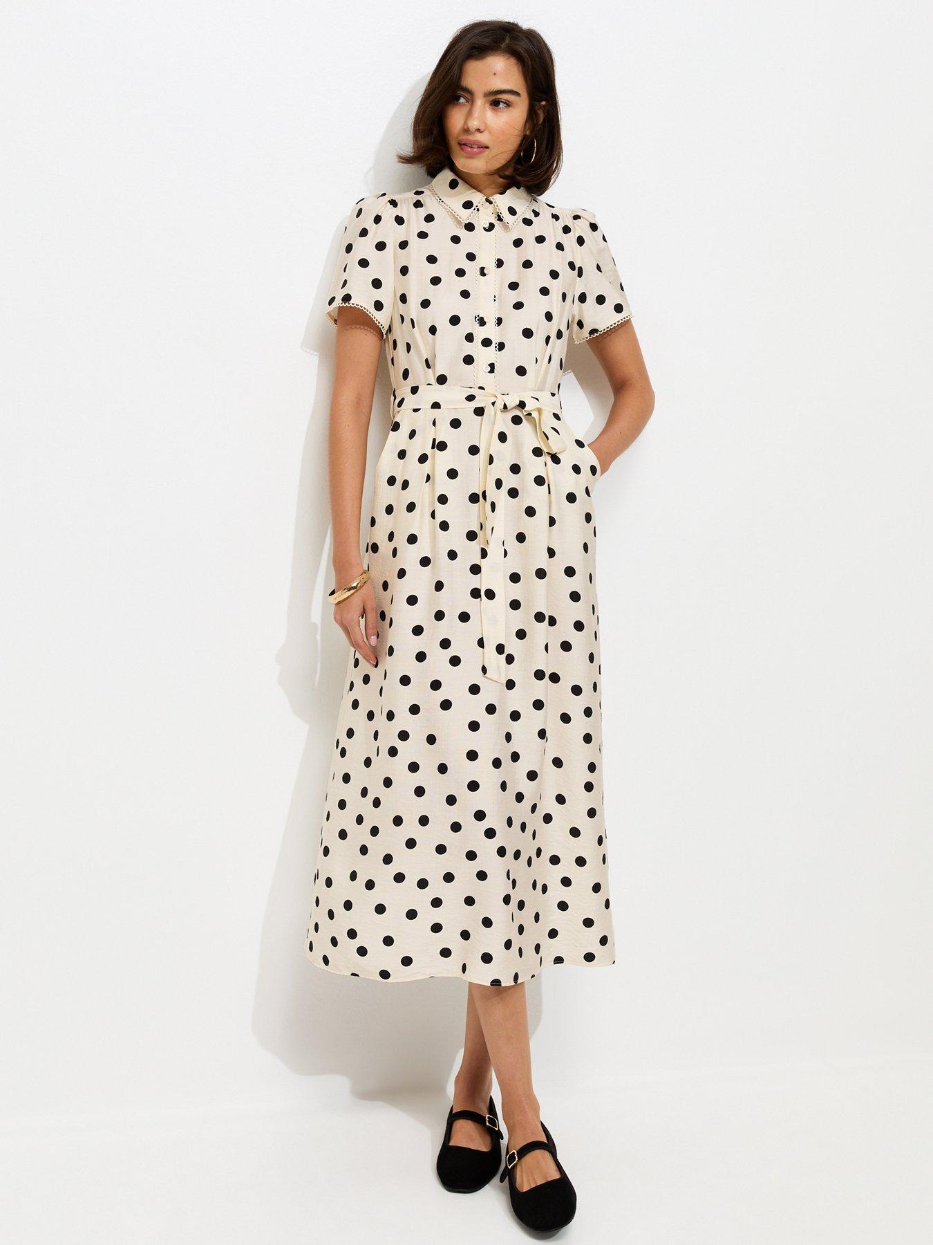 New Look White And Black Frill Trim Polka Dot Shirt Midi Dress