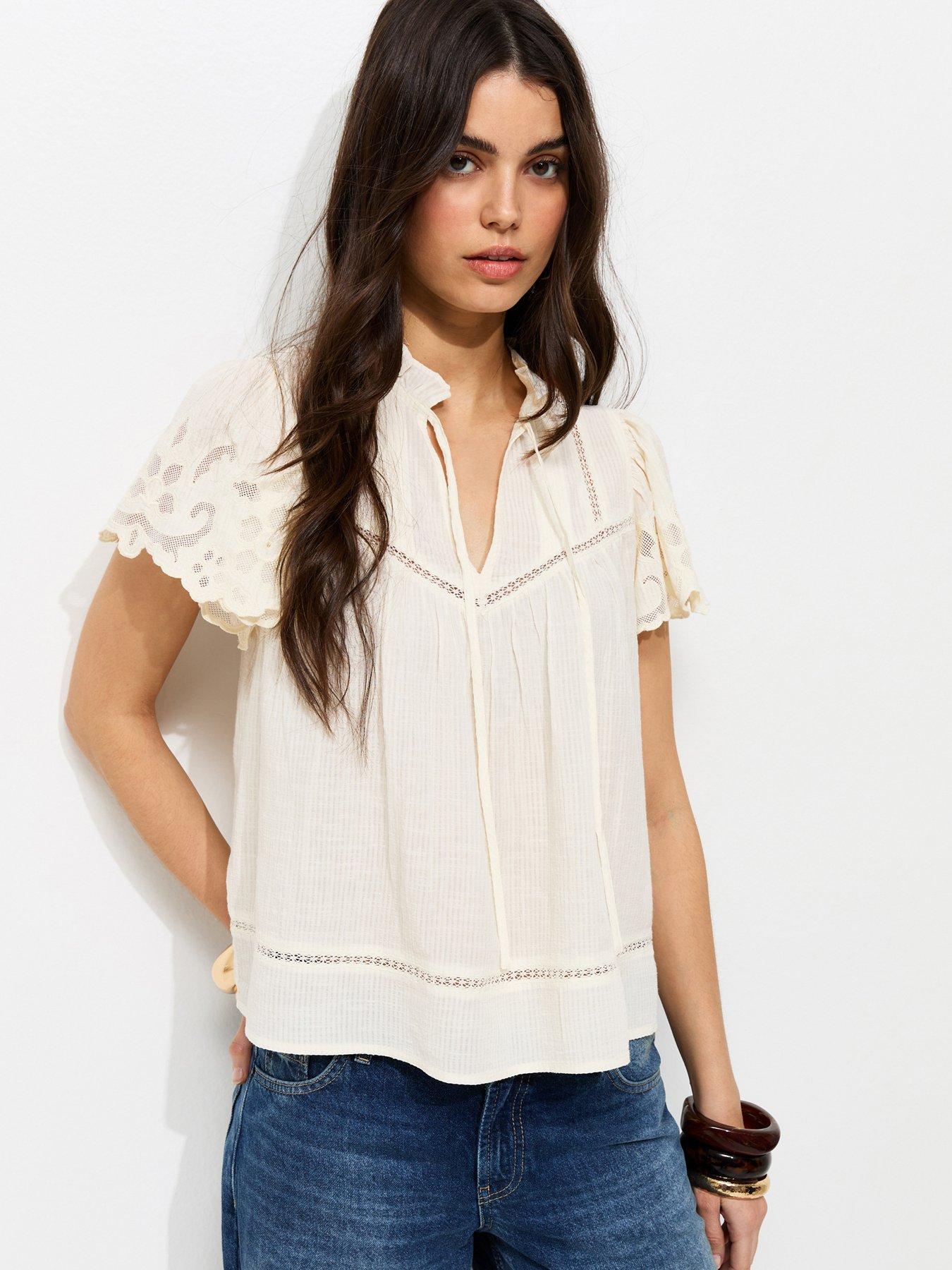 New Look Cream Embroidered Tie Neck Short Sleeve Blouse
