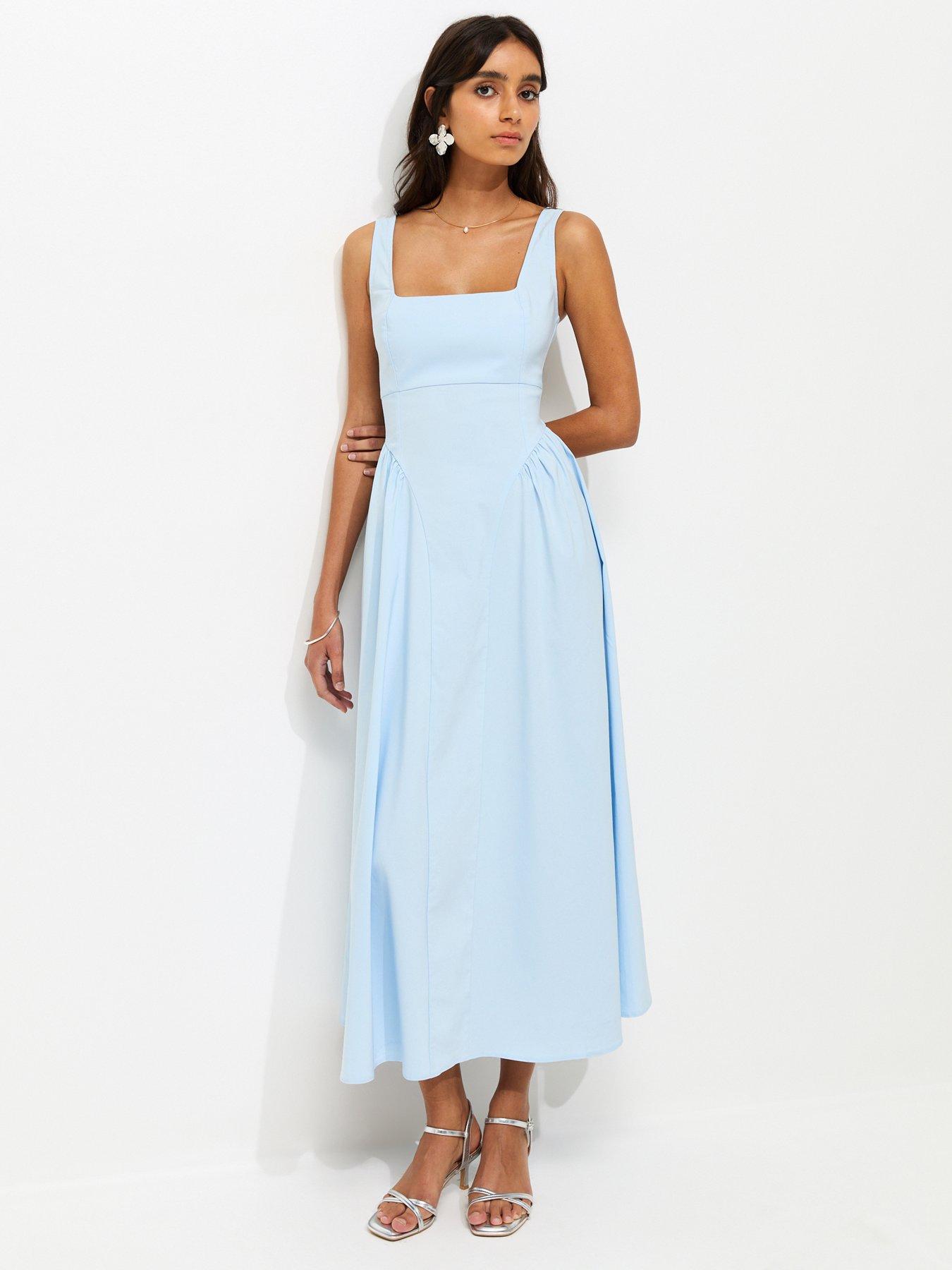 New Look Square Neck Gathered Hips Midi Dress - Light Blue