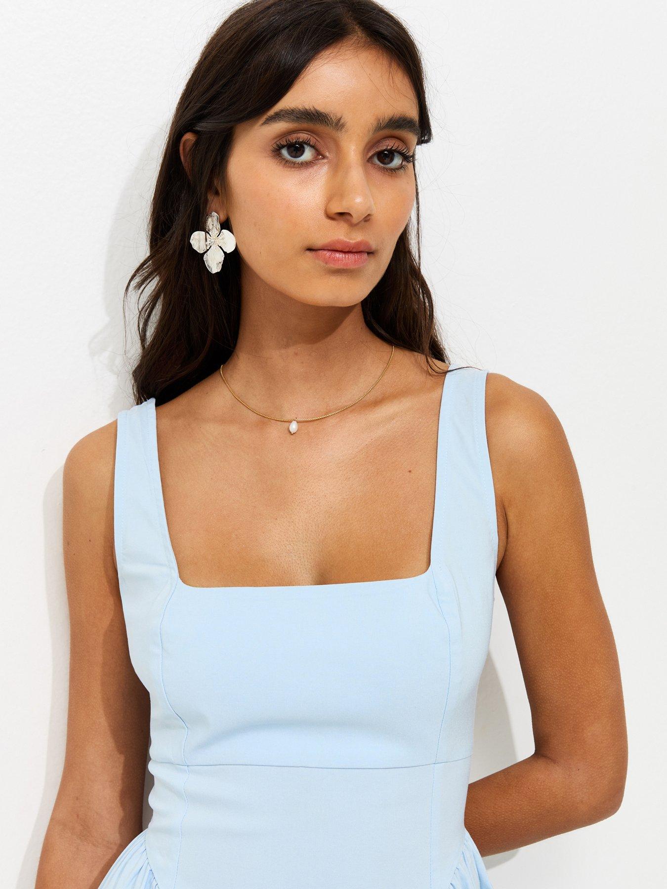 knee length dresses for ladies Light Blue Square Neck Midi Dress – Elegant & Flowy main image 1