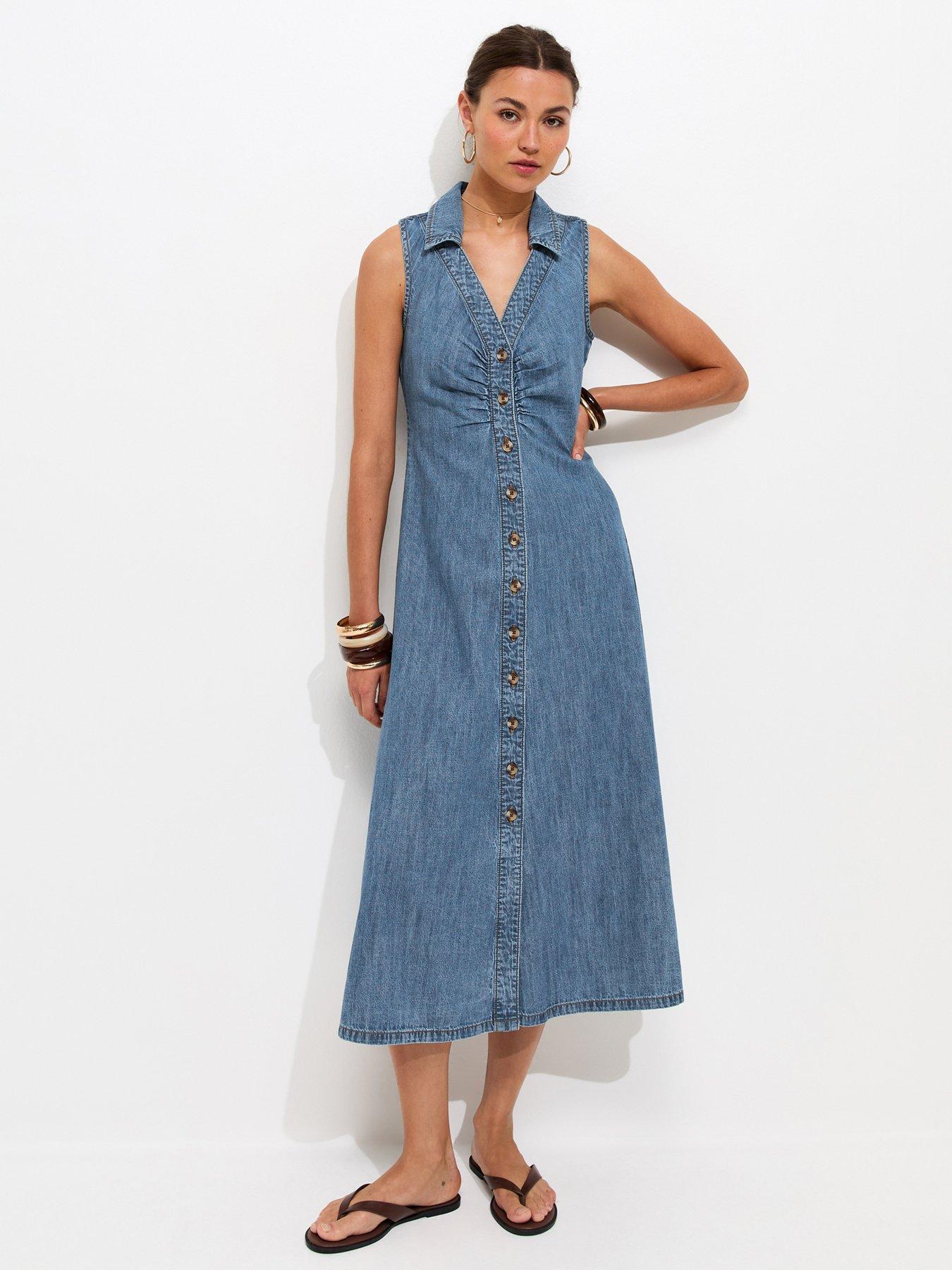 New Look Mid Wash Ruched A-Line Midi Dress - Blue | Very