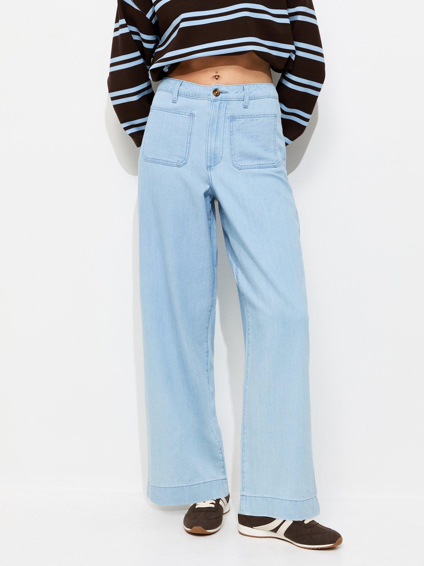 New Look Light Blue Wash Patch Pocket Wide Leg Jeans