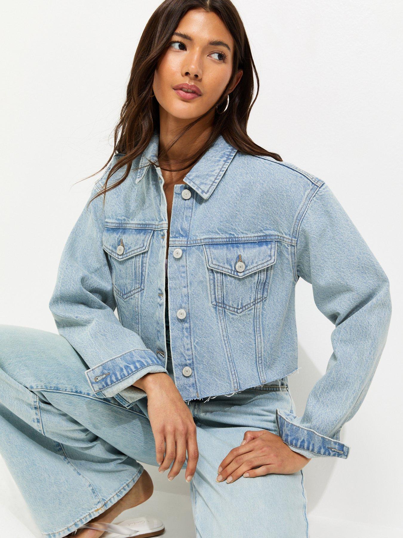New Look Raw Edge Cropped Denim Jacket - Blue