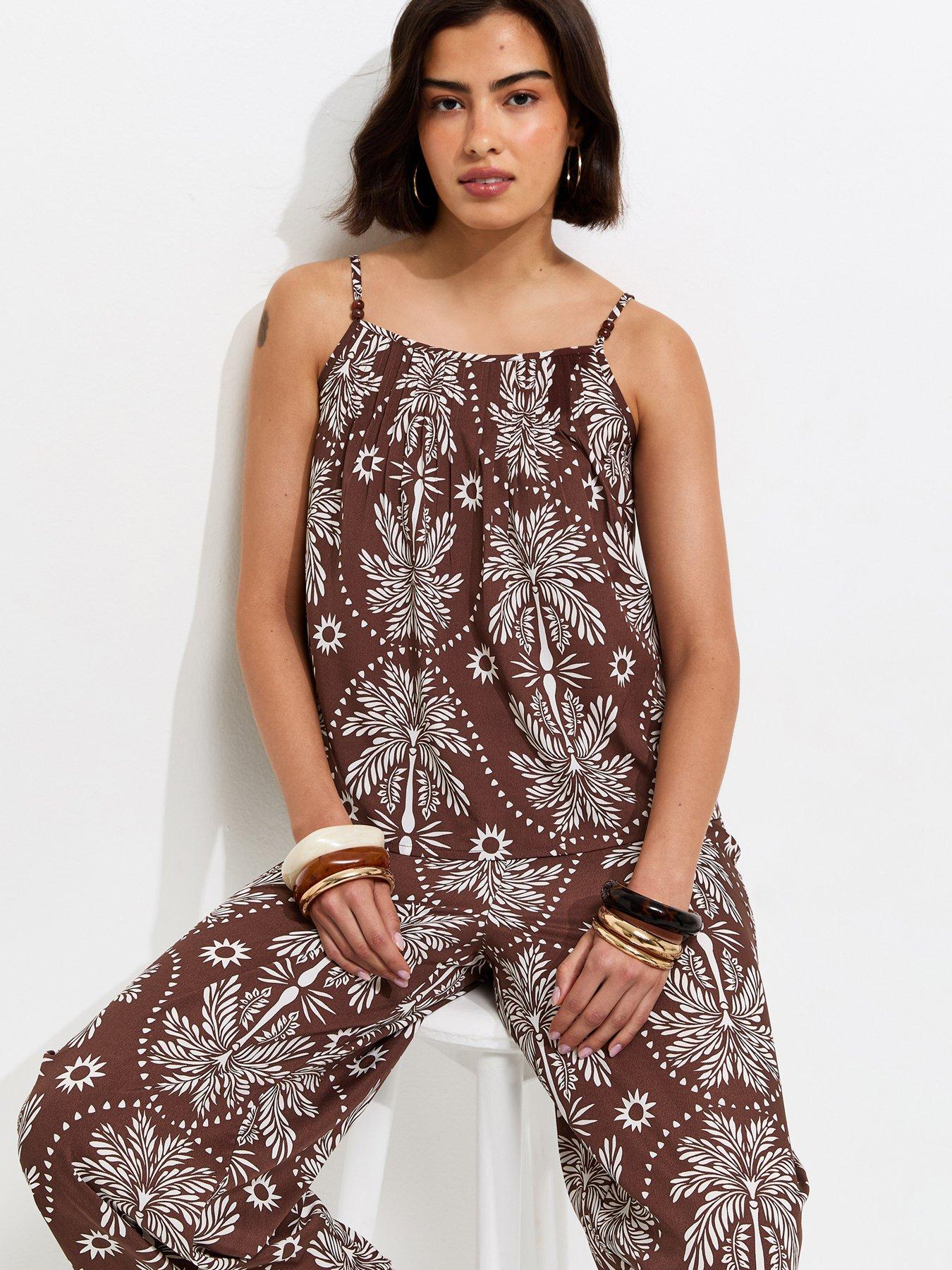 Image 1 of 5 of New Look Brown Crepe Sun Patterened Bead Cami Strap Top
