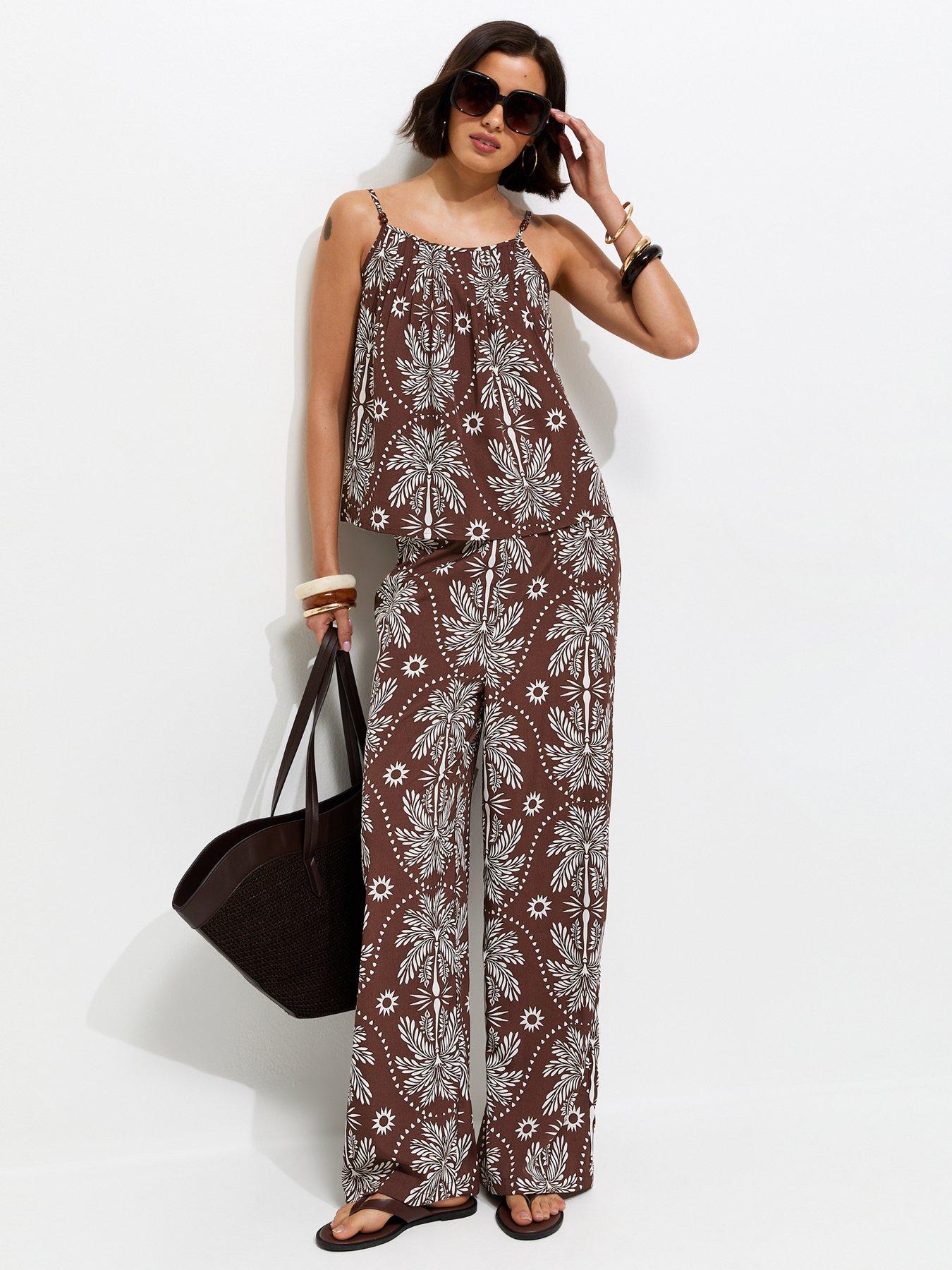 Image 3 of 5 of New Look Brown Crepe Sun Patterened Bead Cami Strap Top