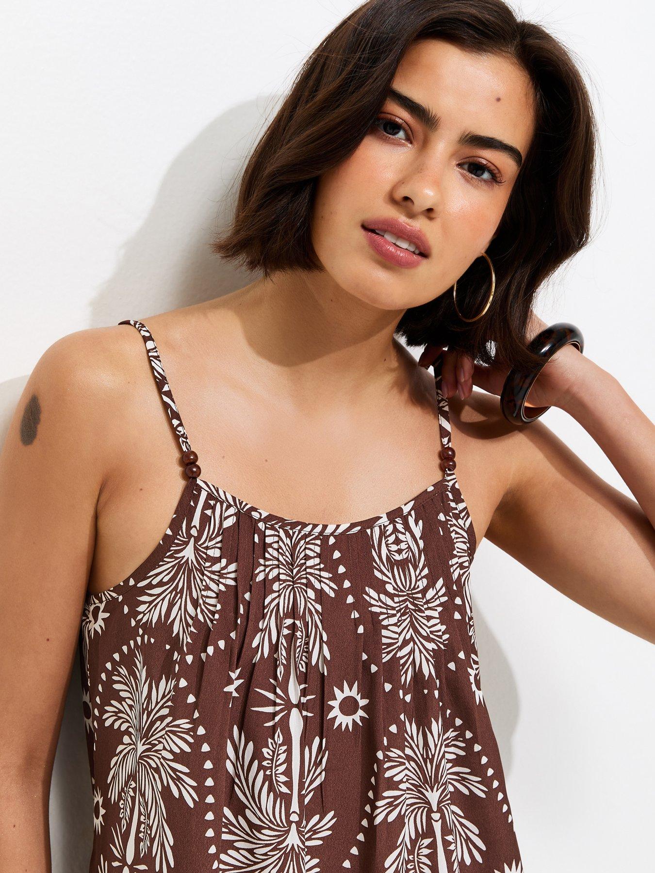 Image 4 of 5 of New Look Brown Crepe Sun Patterened Bead Cami Strap Top