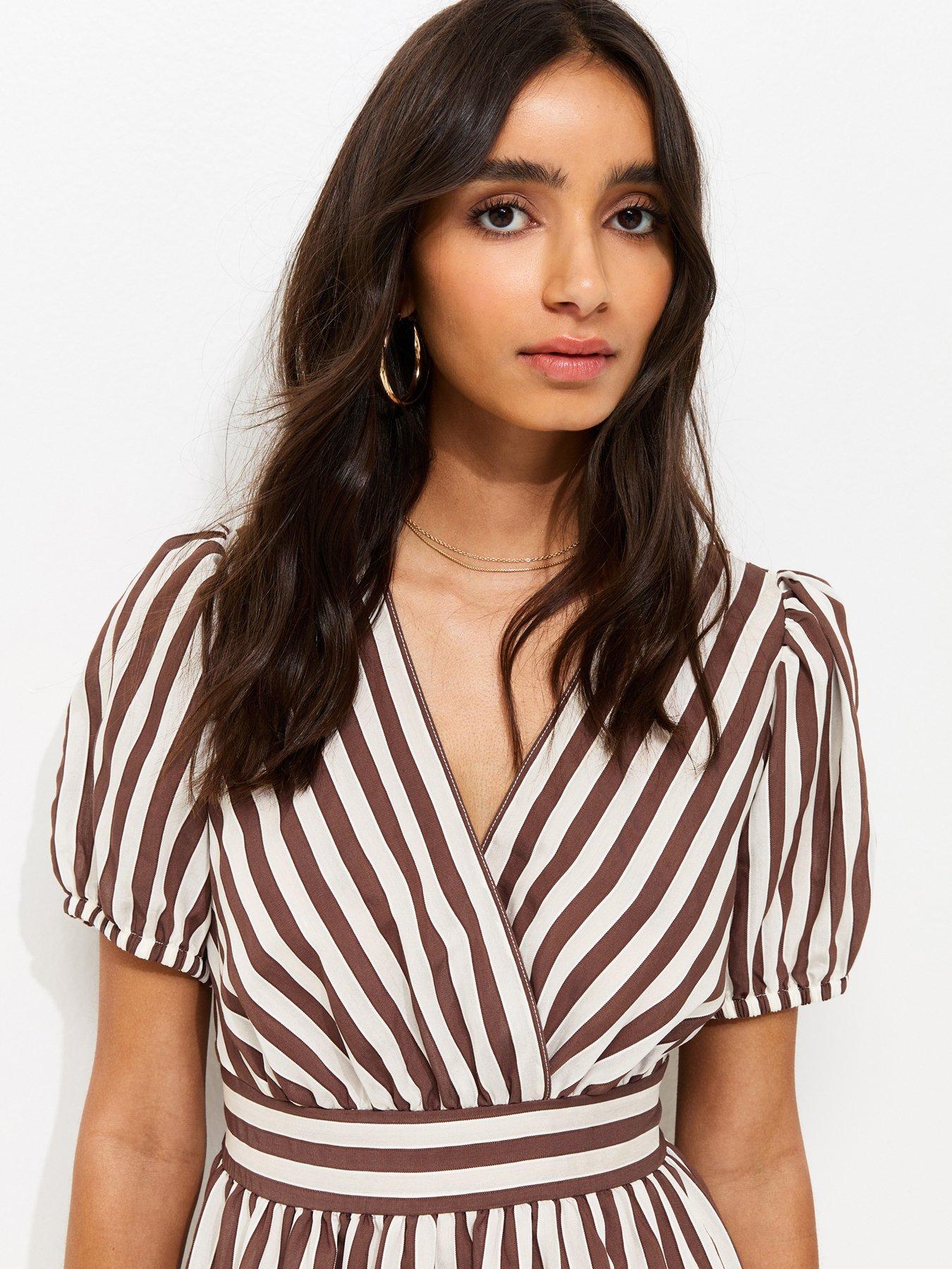 New Look Brown Striped Wrap Midi Dress - Cream | Very