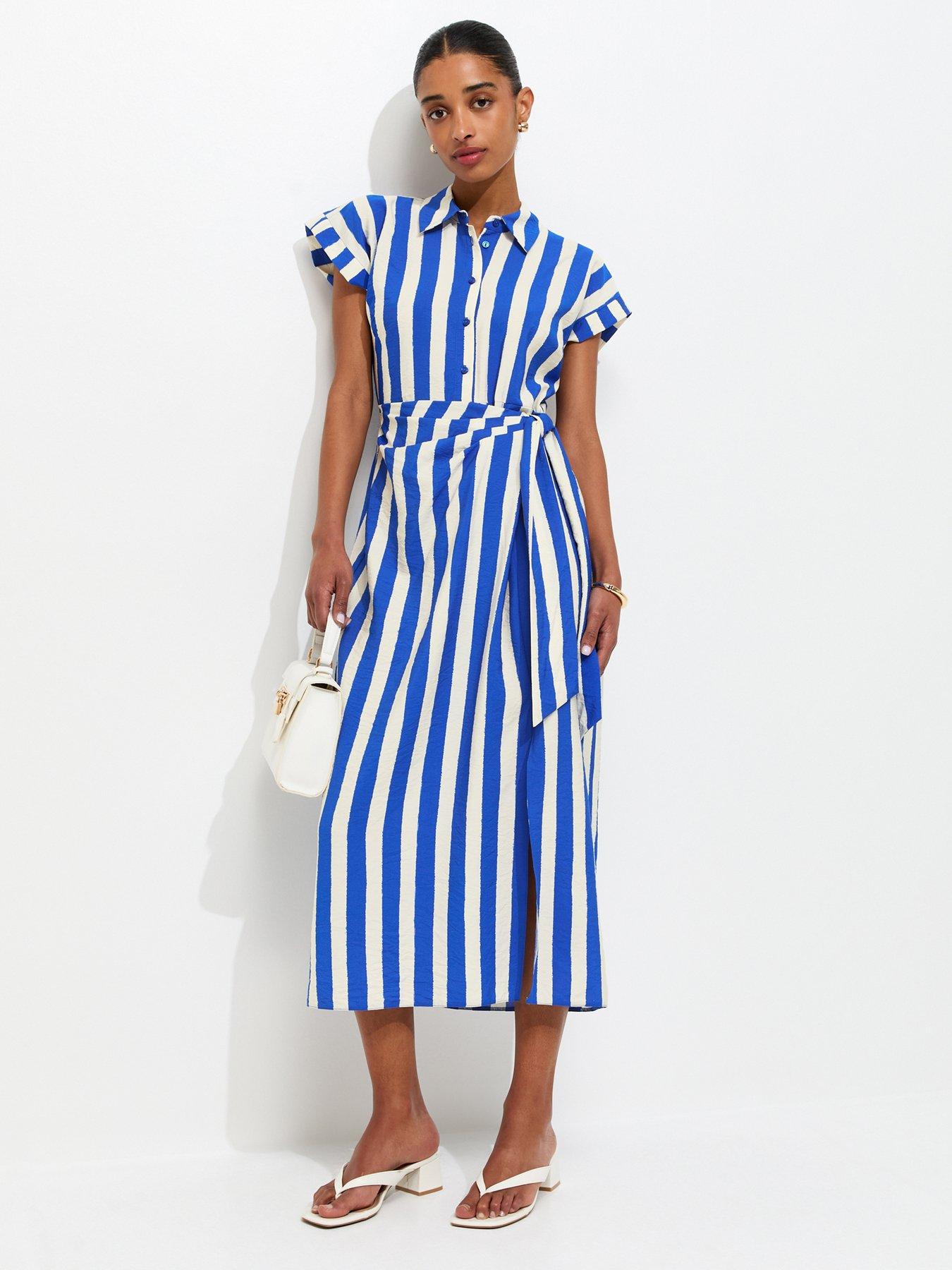 New Look Blue Stripe Tie Waist Midi Shirt Dress