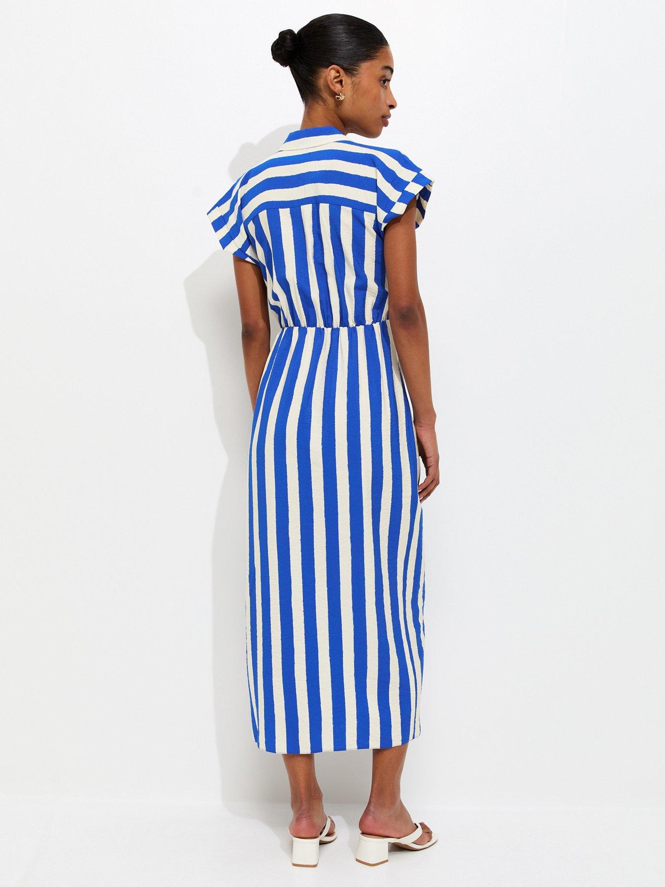 Image 2 of 5 of New Look Stripe Tie Waist Midi Shirt Dress - Blue