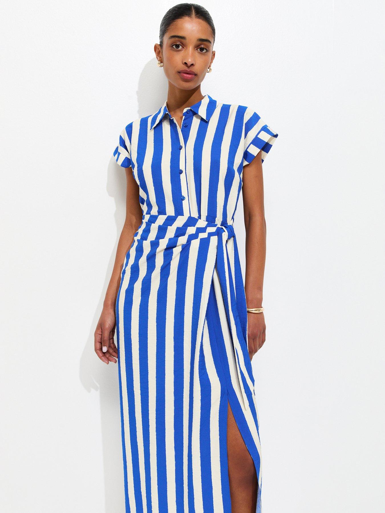 Image 3 of 5 of New Look Stripe Tie Waist Midi Shirt Dress - Blue