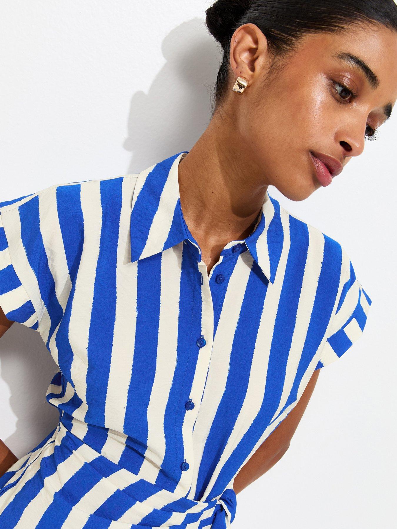 Image 4 of 5 of New Look Stripe Tie Waist Midi Shirt Dress - Blue