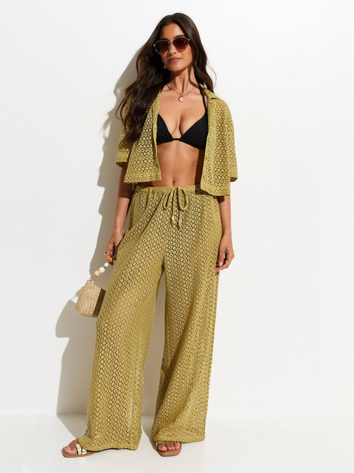 New Look Green Crochet Knit Wide Leg Trousers