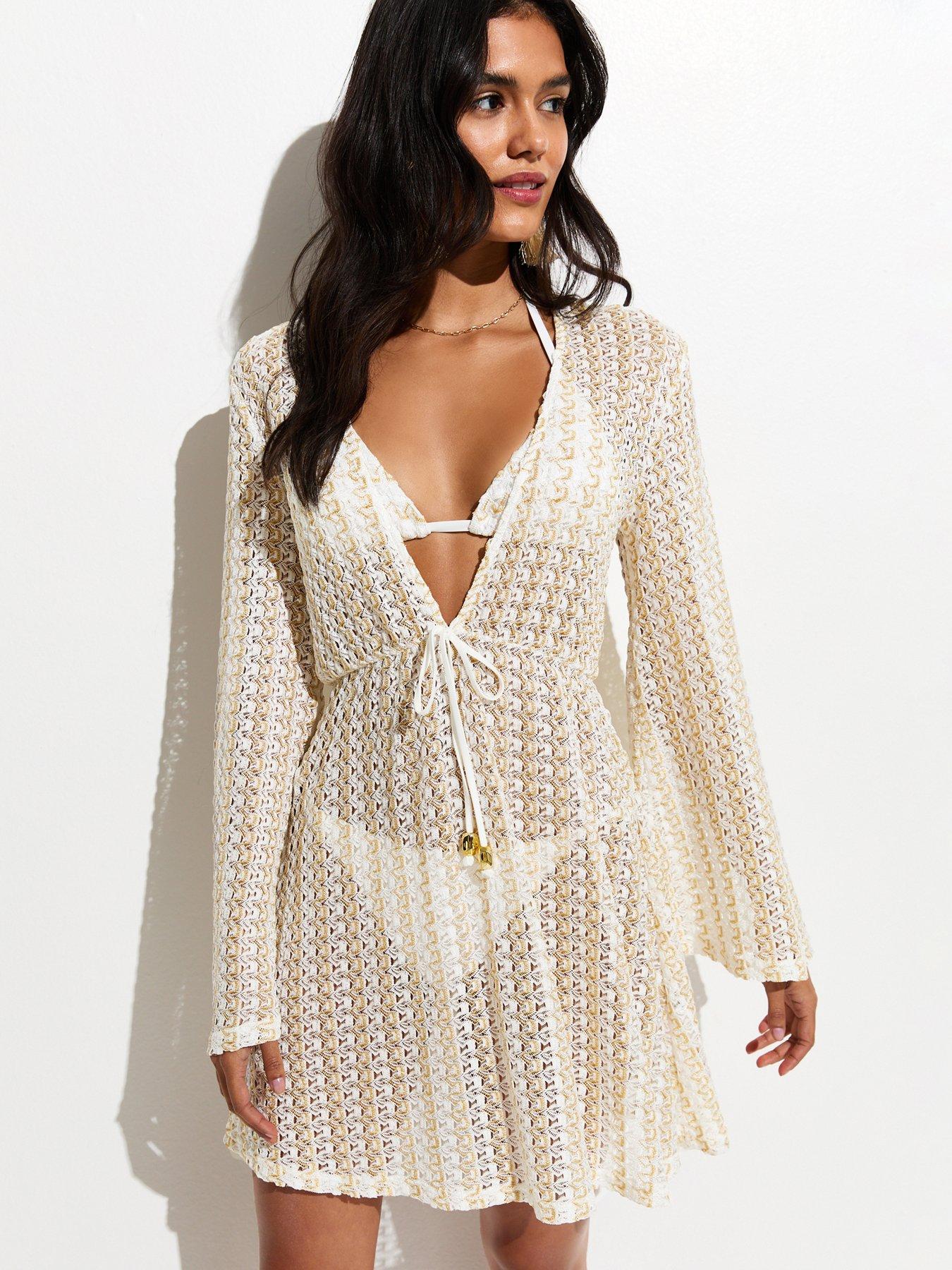 New Look Lurex Wave Crochet Kaftan - Gold