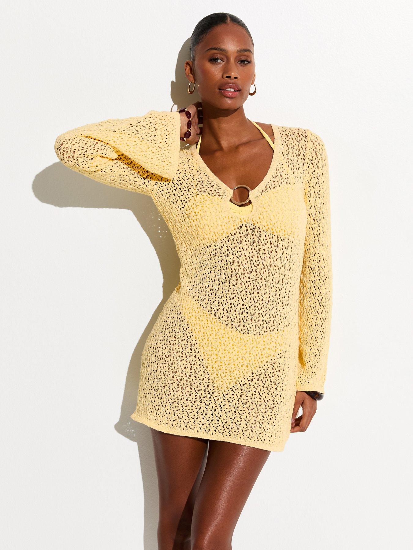 Image 1 of 5 of New Look O-Ring Crochet Beach Kaftan Dress - Light Yellow