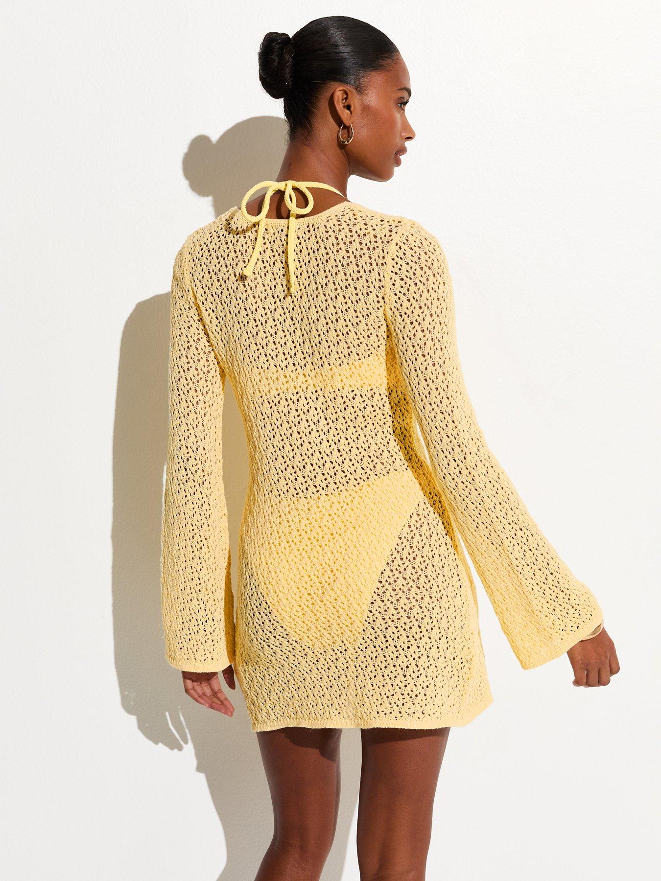 Image 2 of 5 of New Look O-Ring Crochet Beach Kaftan Dress - Light Yellow
