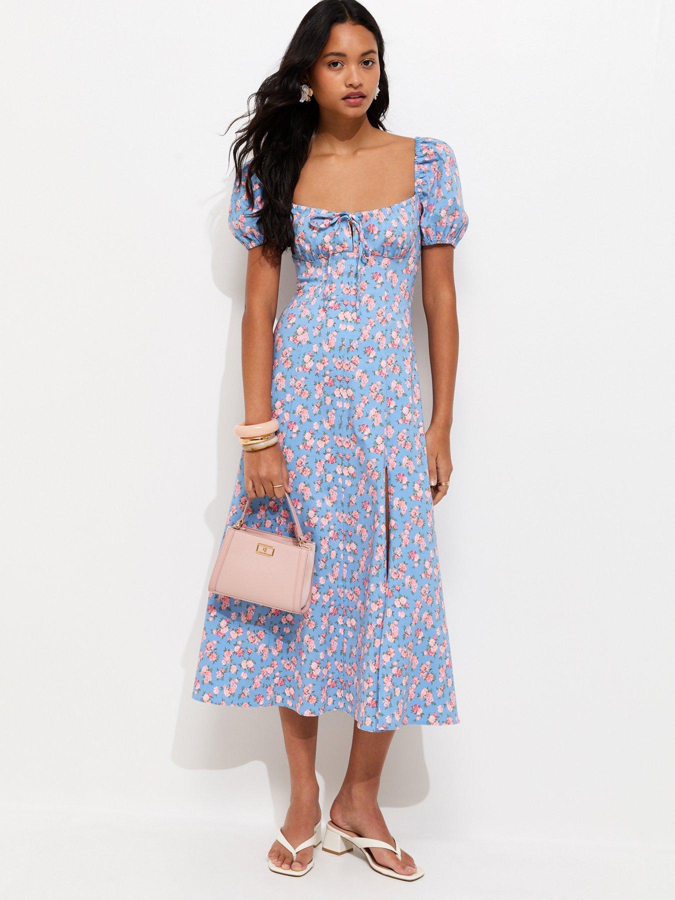 Image 1 of 6 of New Look Blue Rose Print Milkmaid Midi Dress