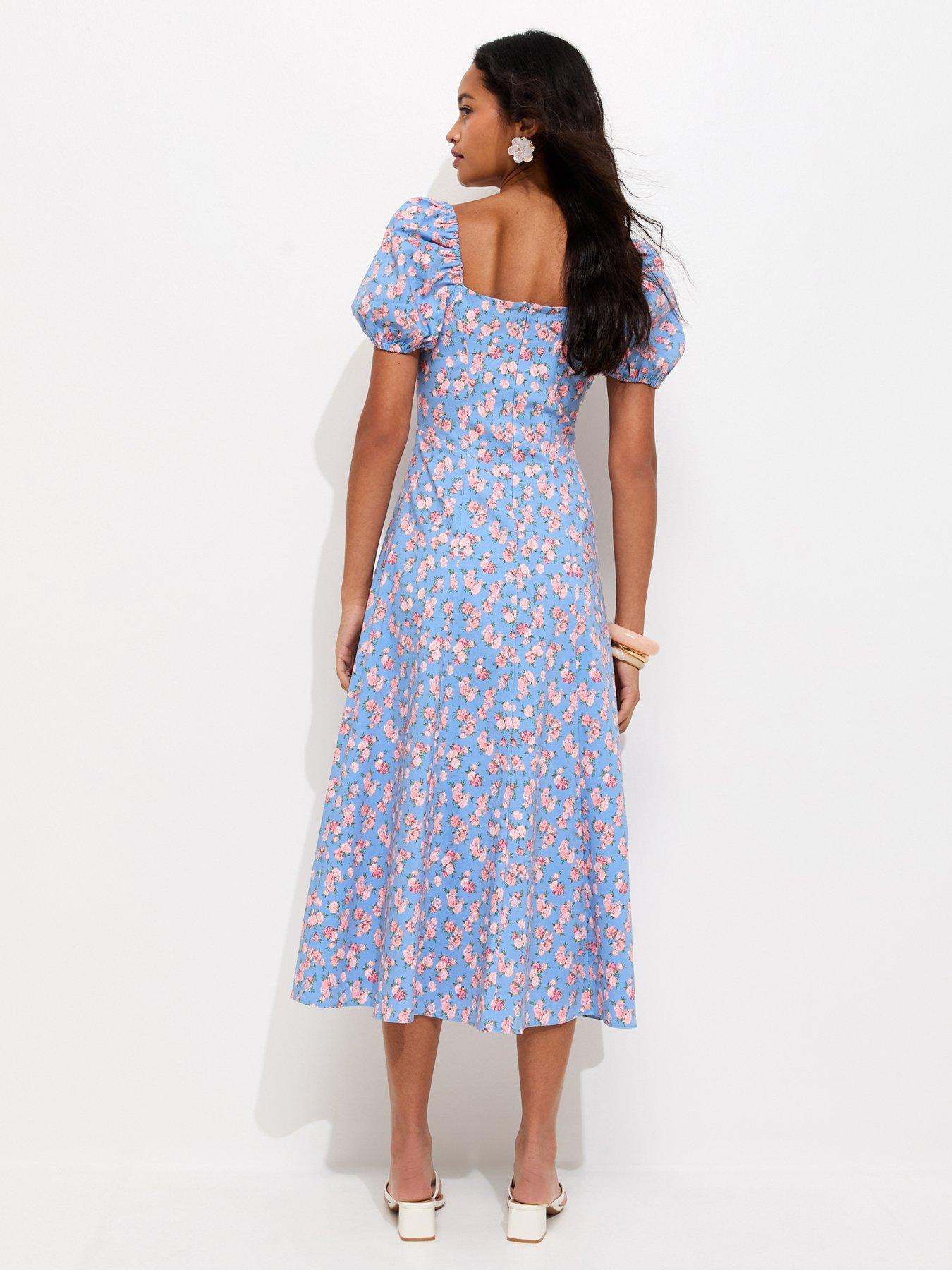 Image 2 of 6 of New Look Blue Rose Print Milkmaid Midi Dress