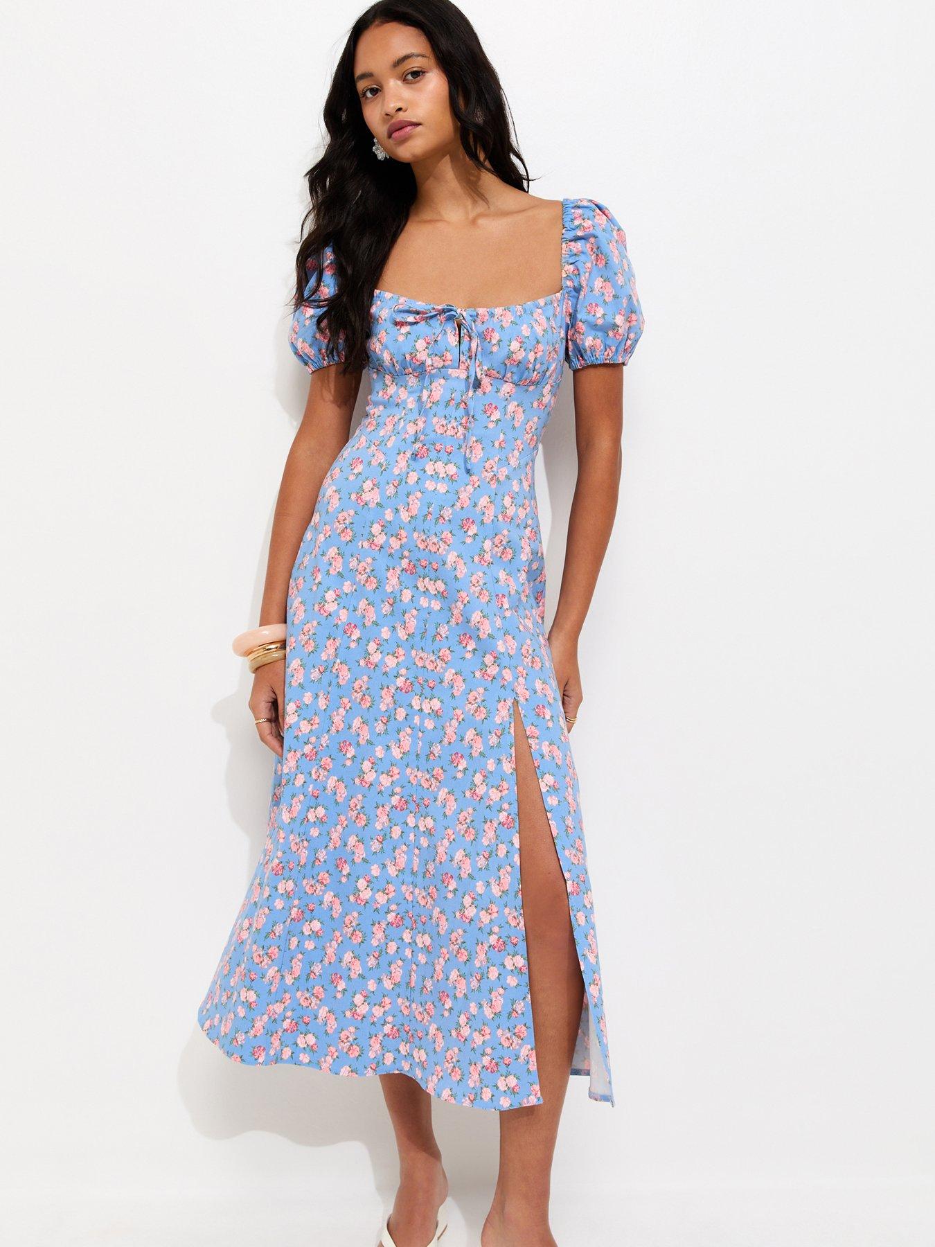 Image 3 of 6 of New Look Blue Rose Print Milkmaid Midi Dress
