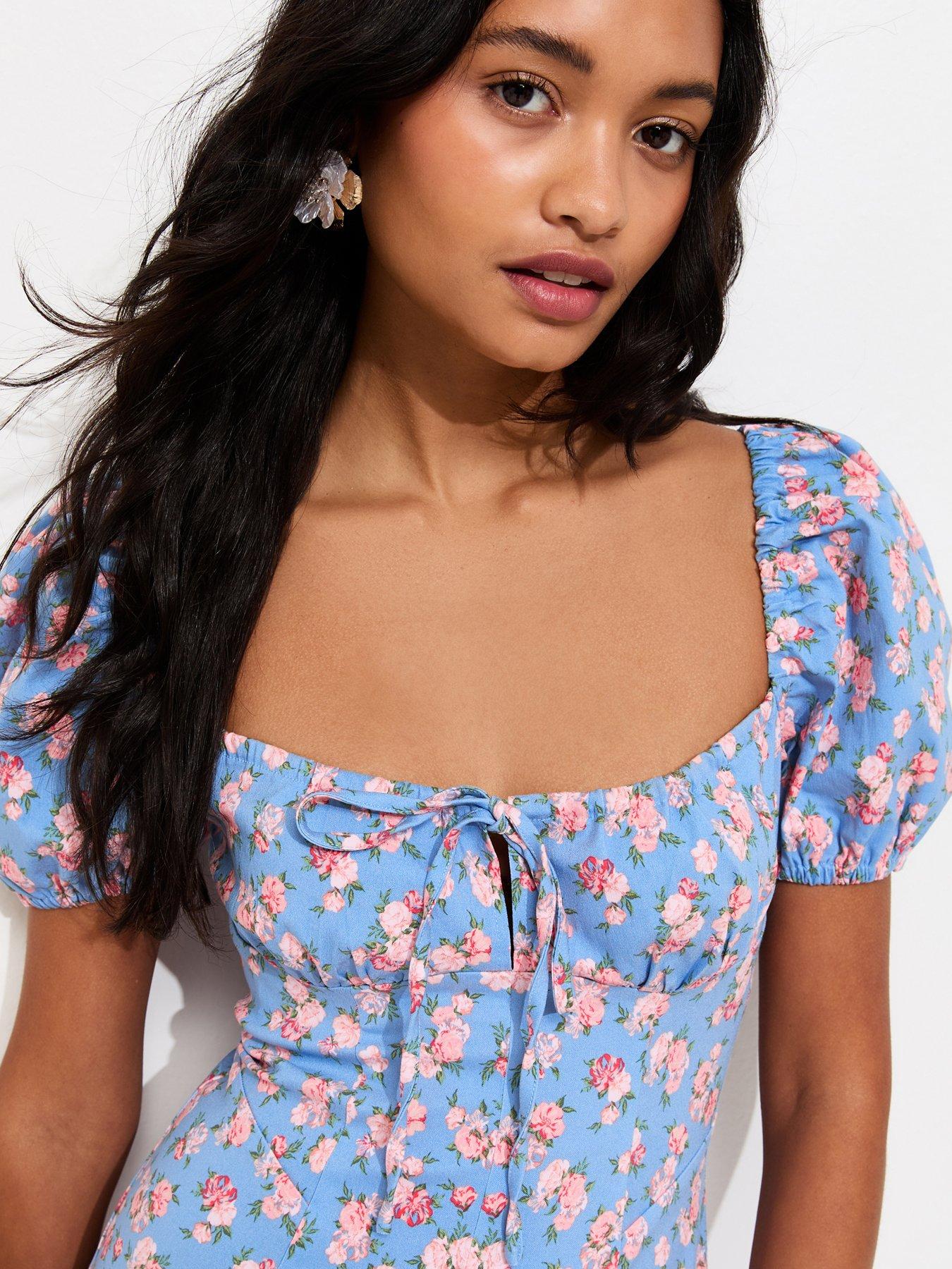 Image 5 of 6 of New Look Blue Rose Print Milkmaid Midi Dress